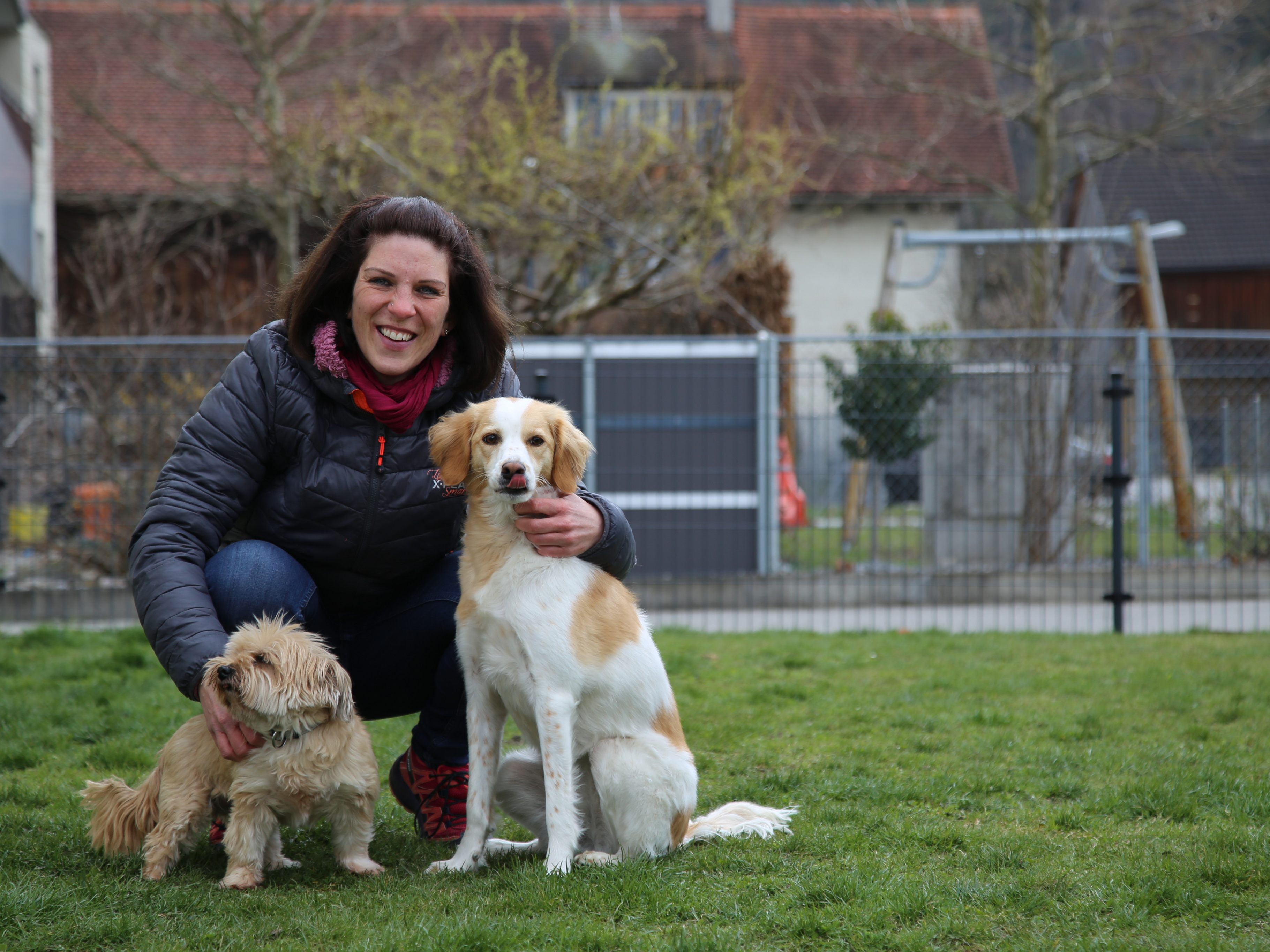 Bettina Längle mit ihren beiden eigenen Hunden (l.) und mit einigen der vierbeinigen Besucher, die sich in der „Hundevilla“ eingefunden haben. Bettina Längle mit ihren beiden eigenen Hunden (l.) und mit einigen der vierbeinigen Besucher, die sich in der „Hundevilla“ eingefunden haben.