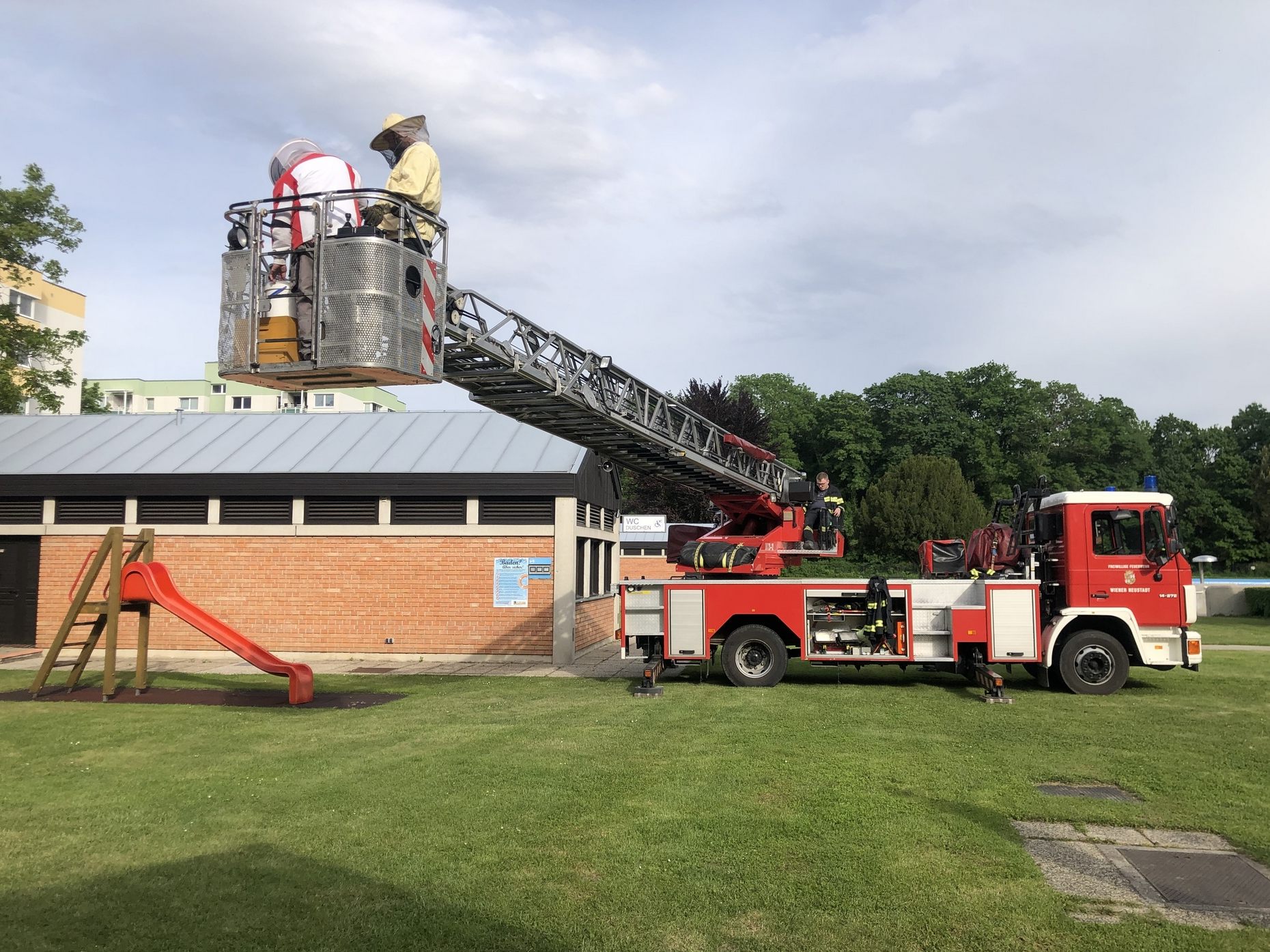 Die Feuerwehr halb dem Imker beim Bienenumzug.