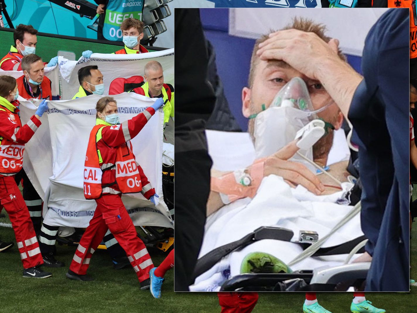 Dänemarks Mittelfeldspieler Christian Eriksen wurde nach minutenlanger medizinischer Versorgung vom Feld getragen, hatte seine Augen aber geöffnet. Dänemarks Mittelfeldspieler Christian Eriksen wurde nach minutenlanger medizinischer Versorgung vom Feld getragen, hatte seine Augen aber geöffnet.