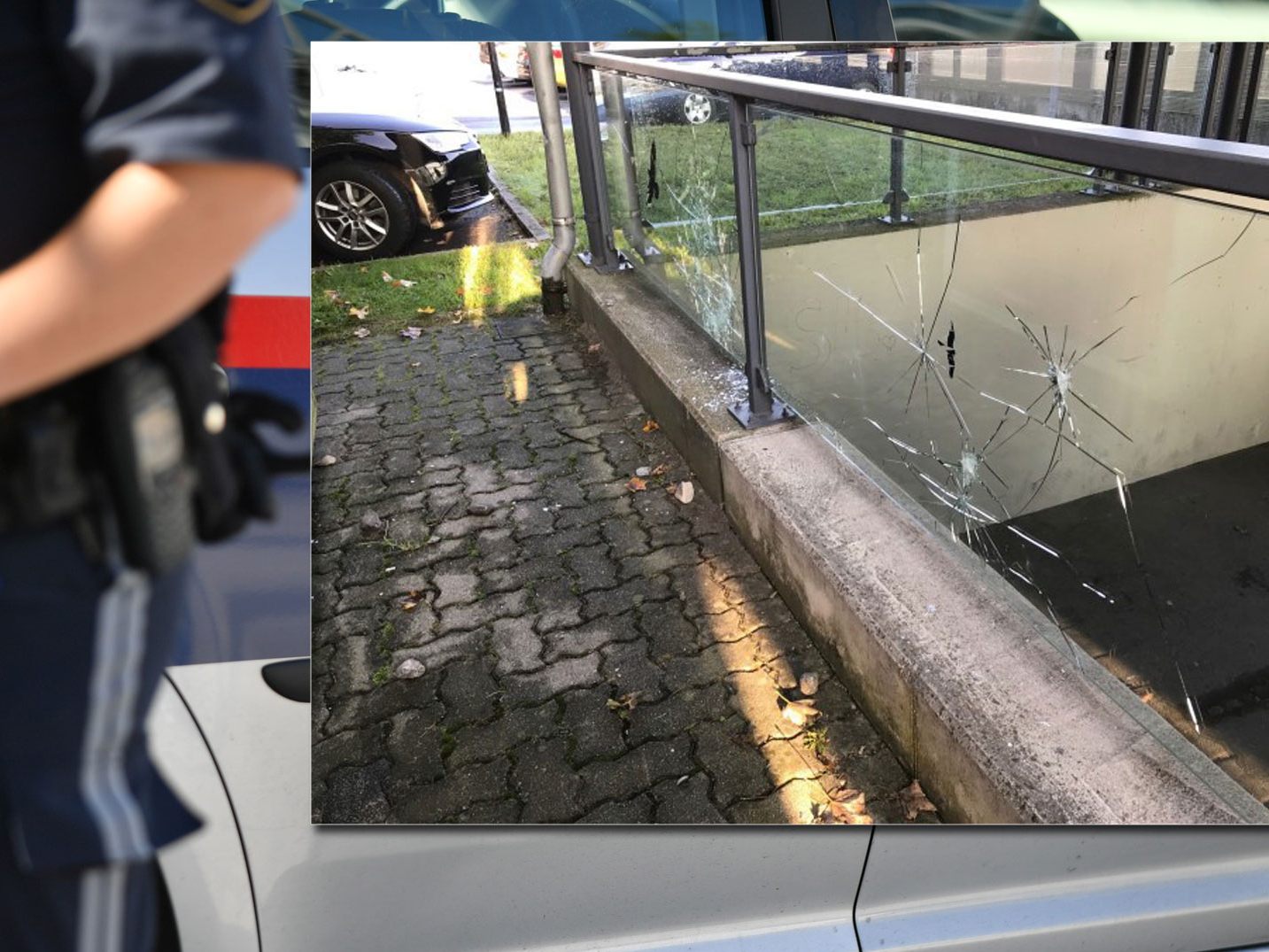 Das verglaste Geländer wurde von unbekannten Tätern beschädigt.
