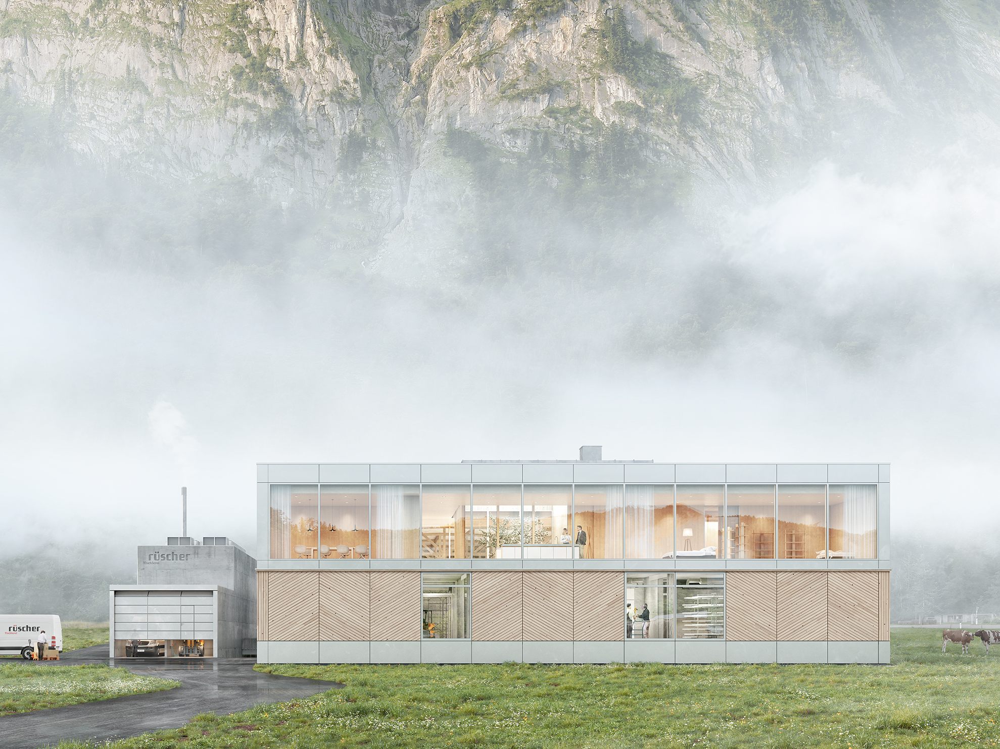 Das neue Betriebsgebäude der Tischlerei Rüscher realisiert i+R in Zusammenarbeit mit regionalen Partnern in Holz- und Massivbauweise.