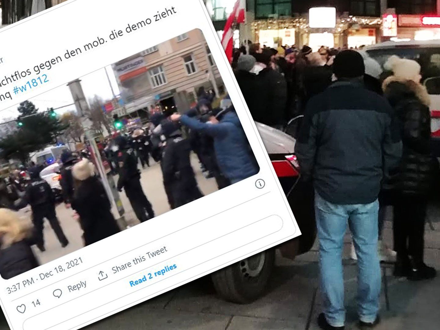 Während eine Kundgebung am Stephansplatz (rechts im Bild) ruhig verlief, verlor die Polizei die Kontrolle über die MFG-Demo am Schwarzenbergplatz in Wien (Screenshot Twitter). Während eine Kundgebung am Stephansplatz (rechts im Bild) ruhig verlief, verlor die Polizei die Kontrolle über die MFG-Demo am Schwarzenbergplatz in Wien (Screenshot Twitter).