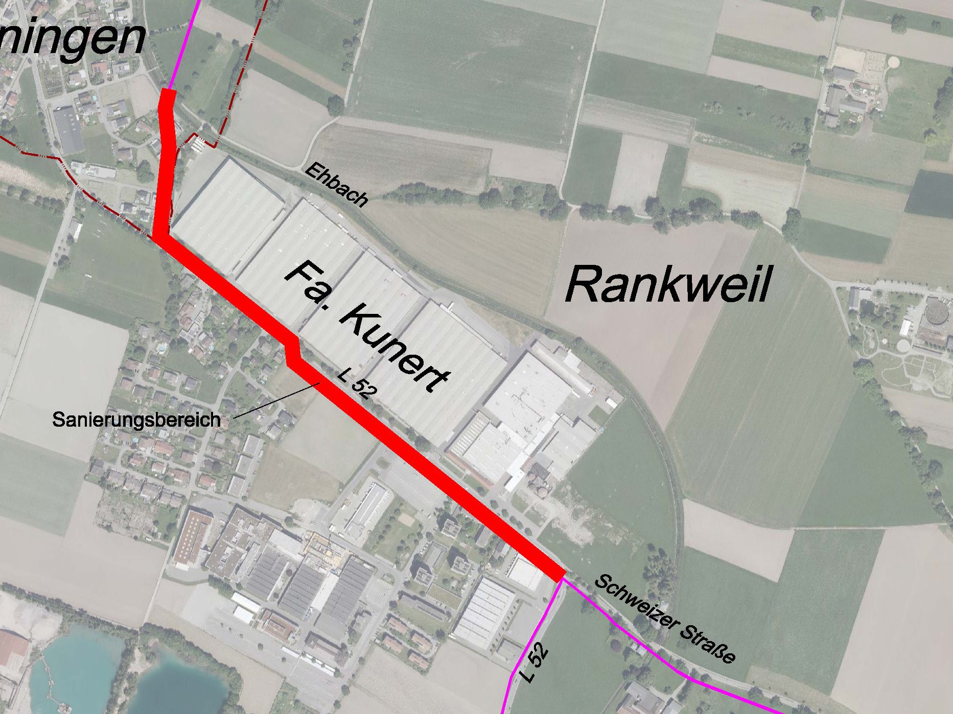 Sanierung der Kanalverbindungen ab der Kreuzung Schweizerstraße/L52 bis zum Ehbach hinter dem Kunert Industriepark. Sanierung der Kanalverbindungen ab der Kreuzung Schweizerstraße/L52 bis zum Ehbach hinter dem Kunert Industriepark.