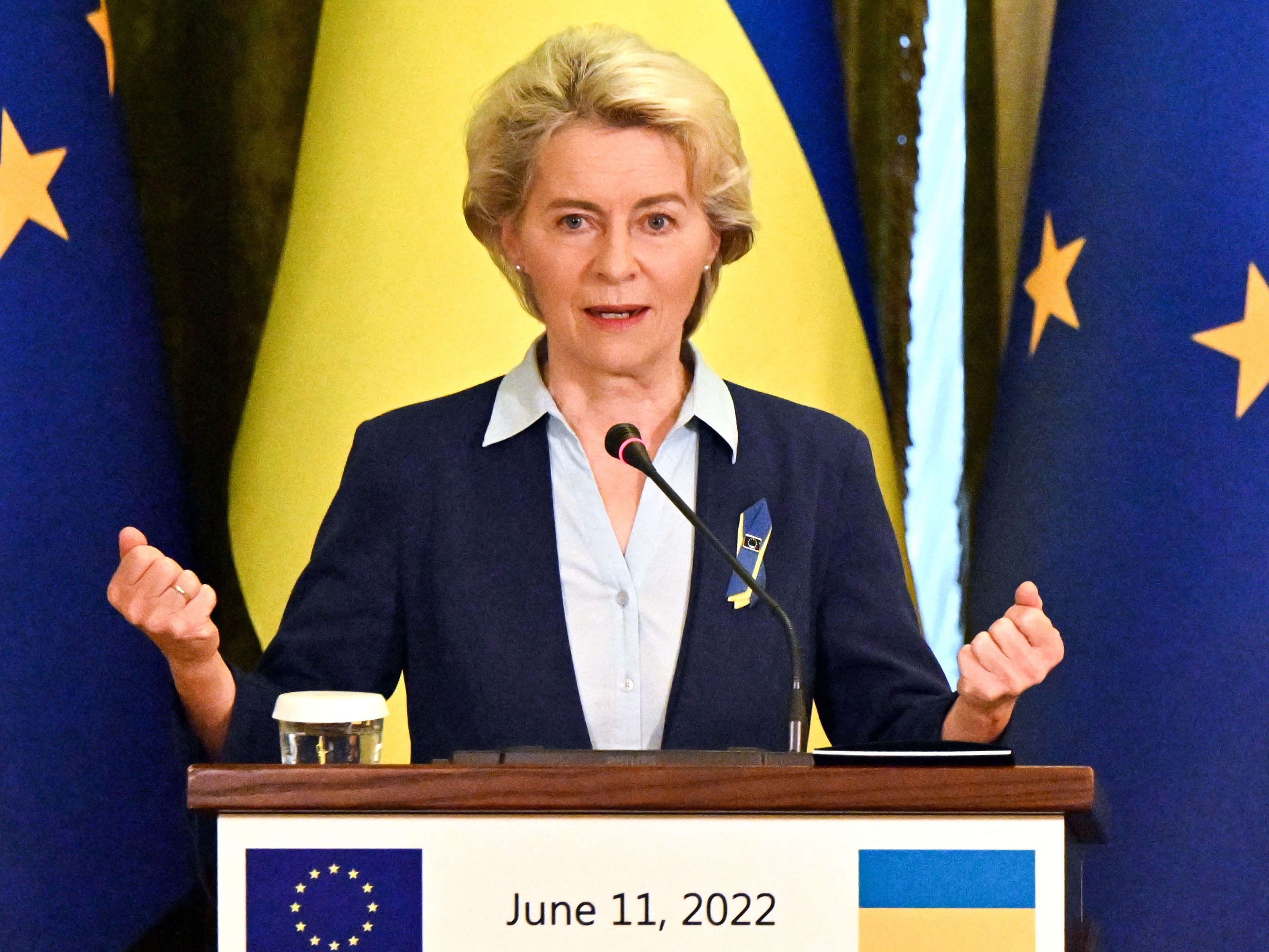 Die EU-Kommission unter der Leitung von Ursula von der Leyen sprach am Freitag eine Empfehlung für den EU-Beitrittskandidatenstatus für die Ukraine aus. Die EU-Kommission unter der Leitung von Ursula von der Leyen sprach am Freitag eine Empfehlung für den EU-Beitrittskandidatenstatus für die Ukraine aus.