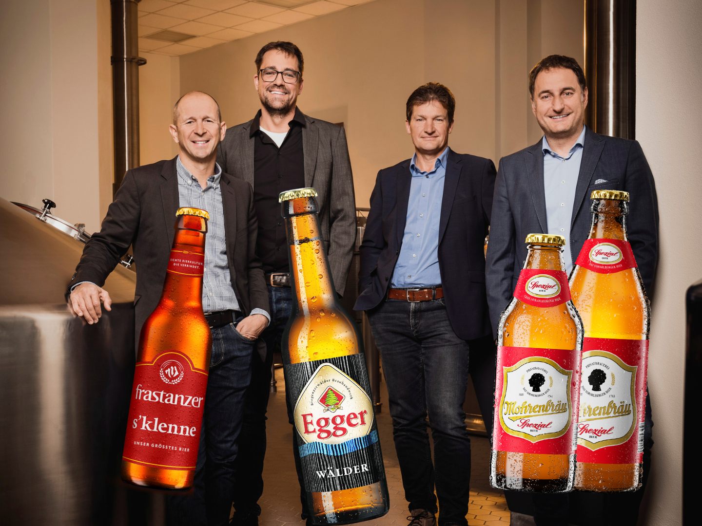 Kurt Michelini, Geschäftsführer der Brauerei Frastanz, Lukas Dorner, Geschäftsführer Brauerei Egg, sowie die Geschäftsführer der Mohrenbrauerei Heinz Huber und Thomas Pachole. Kurt Michelini, Geschäftsführer der Brauerei Frastanz, Lukas Dorner, Geschäftsführer Brauerei Egg, sowie die Geschäftsführer der Mohrenbrauerei Heinz Huber und Thomas Pachole.