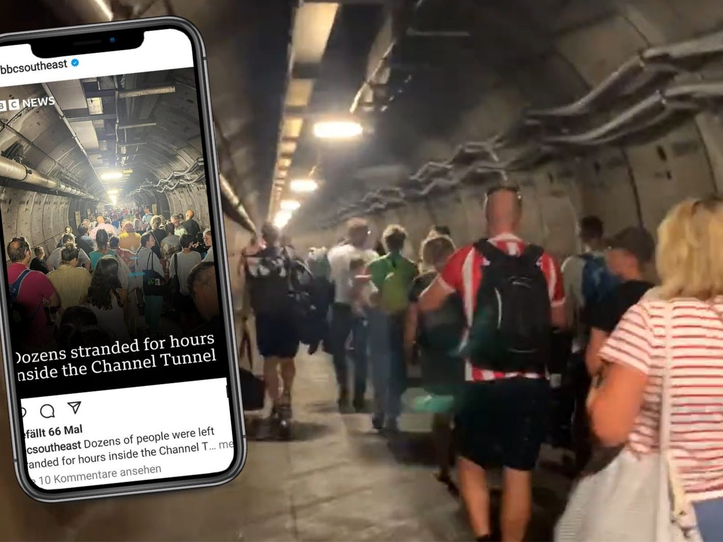 Auf einem Video in sozialen Medien sind Menschen zu sehen, die teils mit Gepäck und Hunden offenbar durch einen dunklen Wartungstunnel gehen. Auf einem Video in sozialen Medien sind Menschen zu sehen, die teils mit Gepäck und Hunden offenbar durch einen dunklen Wartungstunnel gehen.