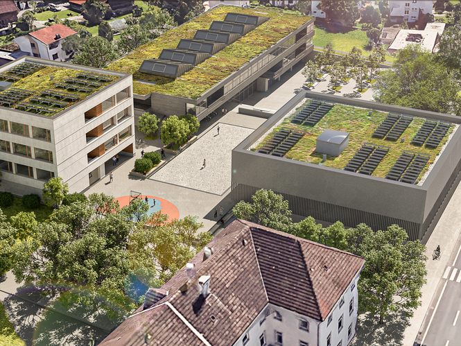 Rendering vom neuen Kinderhaus sowie dem Turn- und Veranstaltungssaal neben der Volksschule Haselstauden. Rendering vom neuen Kinderhaus sowie dem Turn- und Veranstaltungssaal neben der Volksschule Haselstauden.