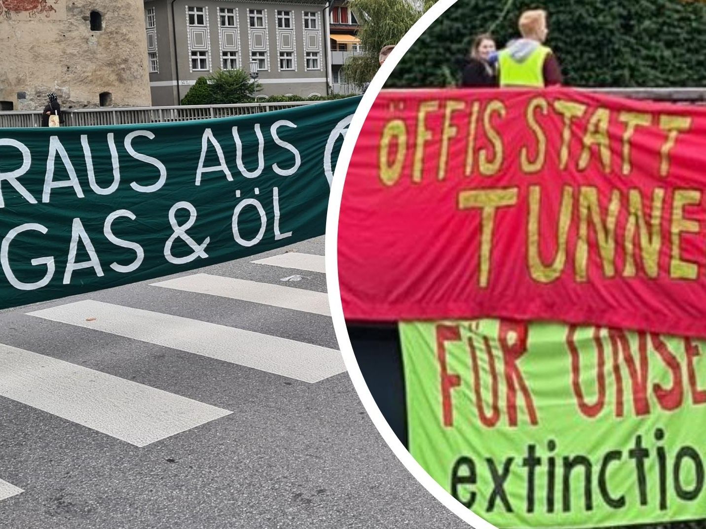 Aktivistinnen und Aktivisten der Extinction Rebellion Vorarlberg haben am Samstag die Montfortbrücke in Feldkirch aus Protest gegen das geplante Stadttunnelprojekt blockiert.
