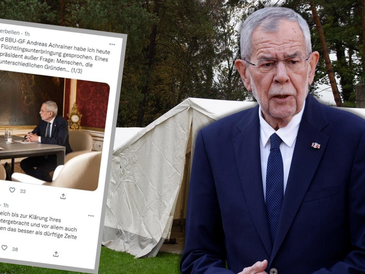 Bundespräsident Alexander Van der Bellen übt Kritik an Zelte-Unterbringung. Bundespräsident Alexander Van der Bellen übt Kritik an Zelte-Unterbringung.