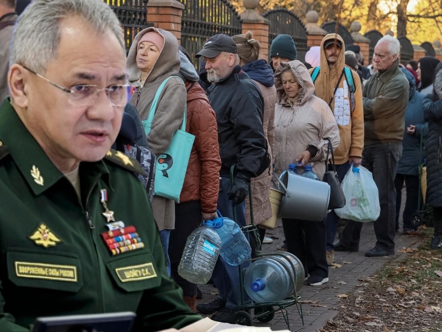 Große Teile Kiews waren durch den russischen Raketenbeschuss (im Bild: Russlands Verteidigungsminister Schoigu) vorübergehend ohne Wasserversorgung - Die Menschen mussten für Wasser aus öffentlichen Brunnen anstehen. Große Teile Kiews waren durch den russischen Raketenbeschuss (im Bild: Russlands Verteidigungsminister Schoigu) vorübergehend ohne Wasserversorgung - Die Menschen mussten für Wasser aus öffentlichen Brunnen anstehen.