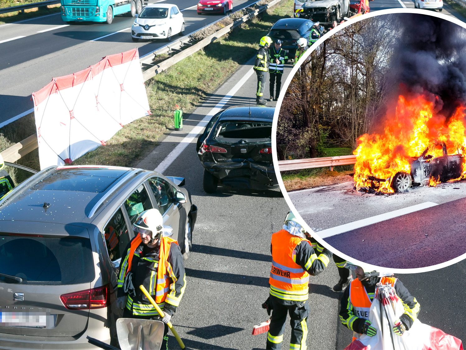 Farhzeugbrand mit anschließendem Auffahrunfall Farhzeugbrand mit anschließendem Auffahrunfall