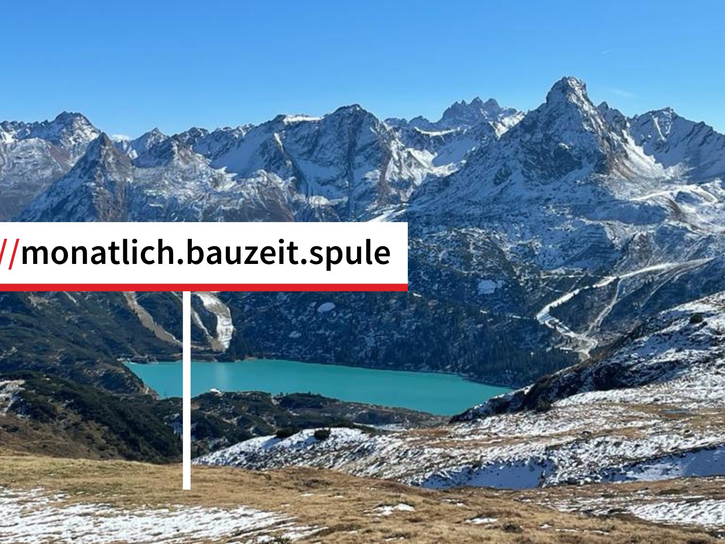 „monatlich.bauzeit.spule“ sind die beschreibenden drei Wörter für den markierten Standort in unmittelbarer Nähe des Kops Stausees.