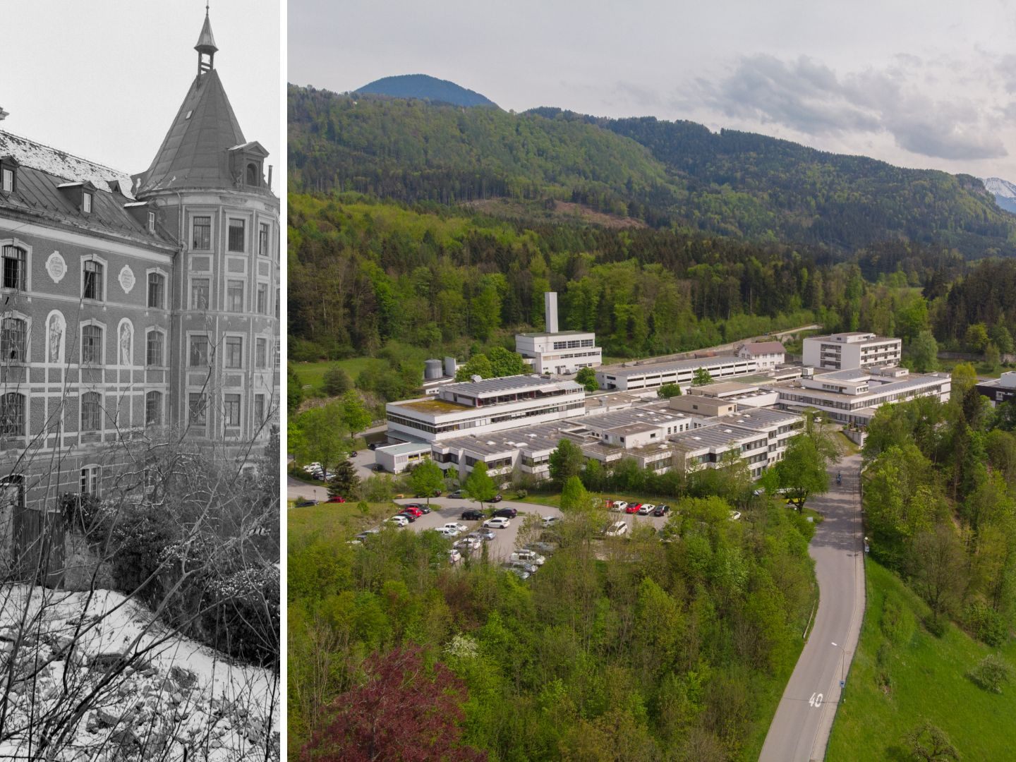 Links die "Wohltätigkeitesanstalt", rechts das heutige Landeskrankenhaus Rankweil.