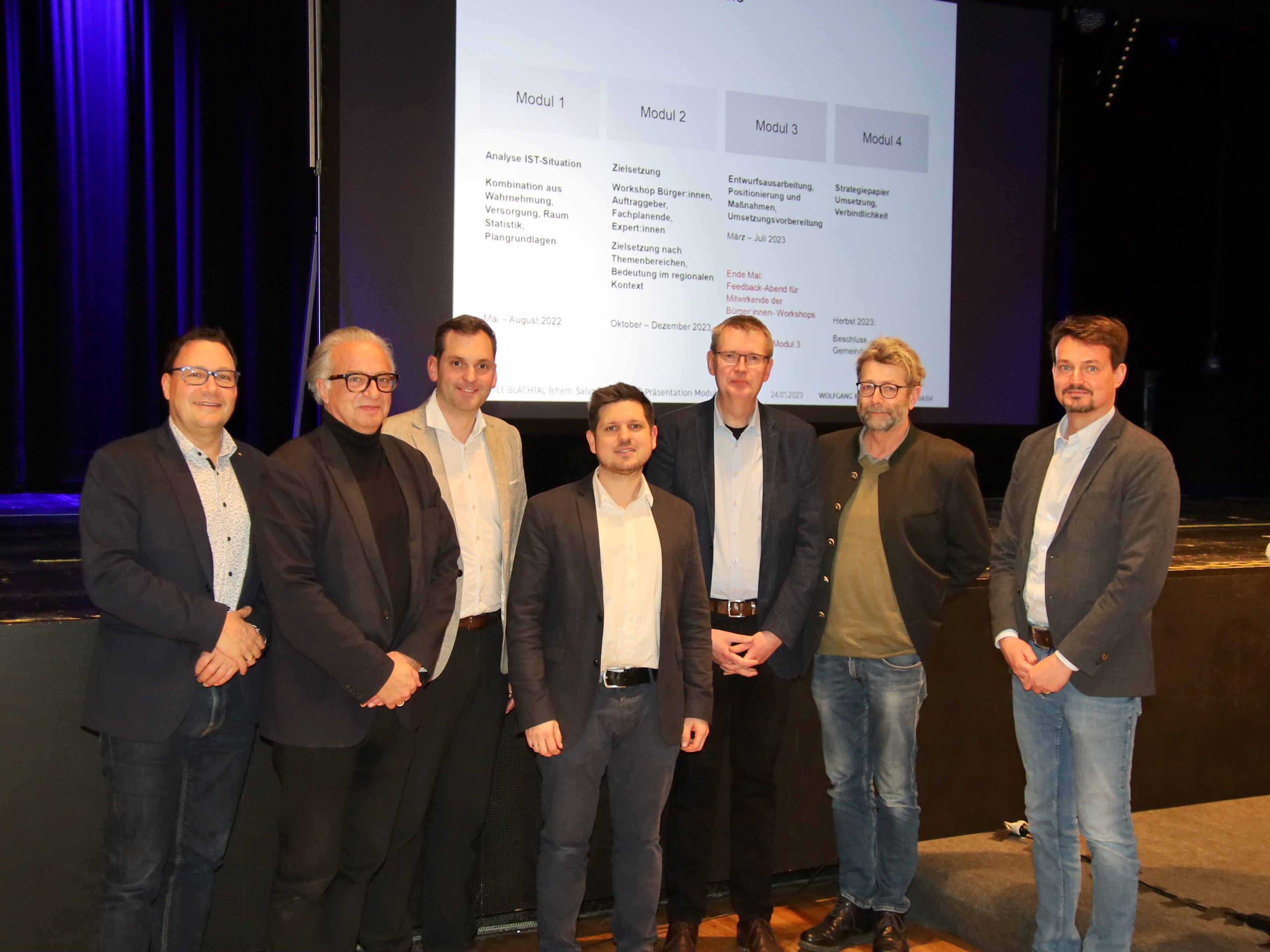 (vlnr.) Vizebürgermeister Stefan Fischnaller, Architekt Wolfgang Ritsch, Bürgermeister Andreas Kresser, Samuel Kegele (ZM3), Provinzial Pater Dr. Friedrich Emde, Christoph Sedlmeier (Stiftung Liebenau) und Michael Metzler (ZM3)