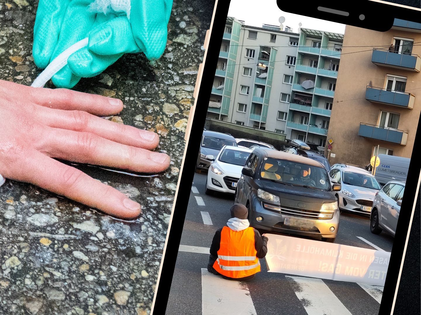 Klimaaktivisten klebten sich in Oberösterreichs Landeshauptstadt Linz auf einem Zebrastreifen fest.