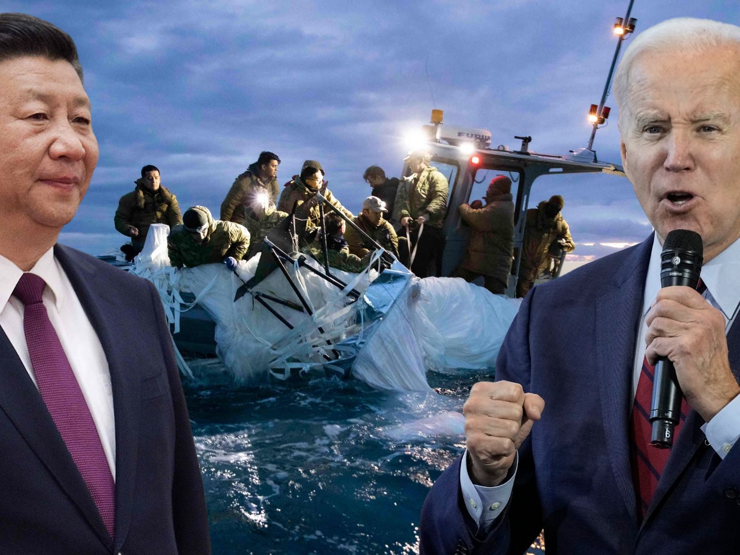 Xi Jinping (l.), der aus dem Meer geborgene Ballon, Joe Biden (r.). Xi Jinping (l.), der aus dem Meer geborgene Ballon, Joe Biden (r.).