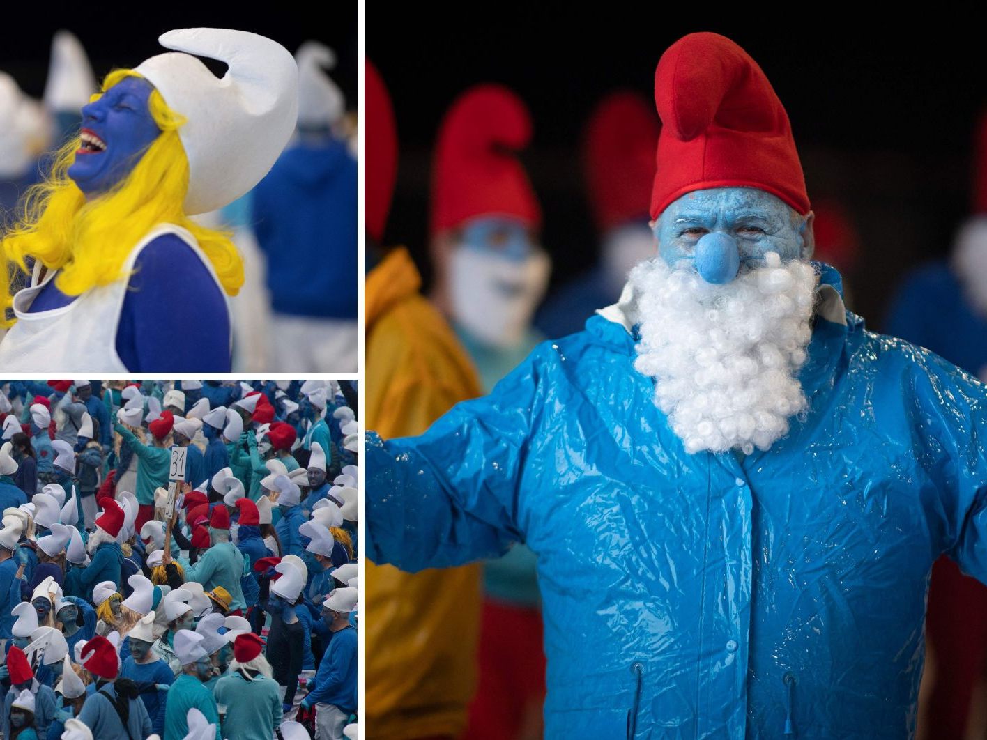 In Landerneau haben sich Tausende blau bemalte Menschen mit weißen und roten Mützen versammelt, um den Weltrekord für das größte Schlumpftreffen zu knacken. In Landerneau haben sich Tausende blau bemalte Menschen mit weißen und roten Mützen versammelt, um den Weltrekord für das größte Schlumpftreffen zu knacken.