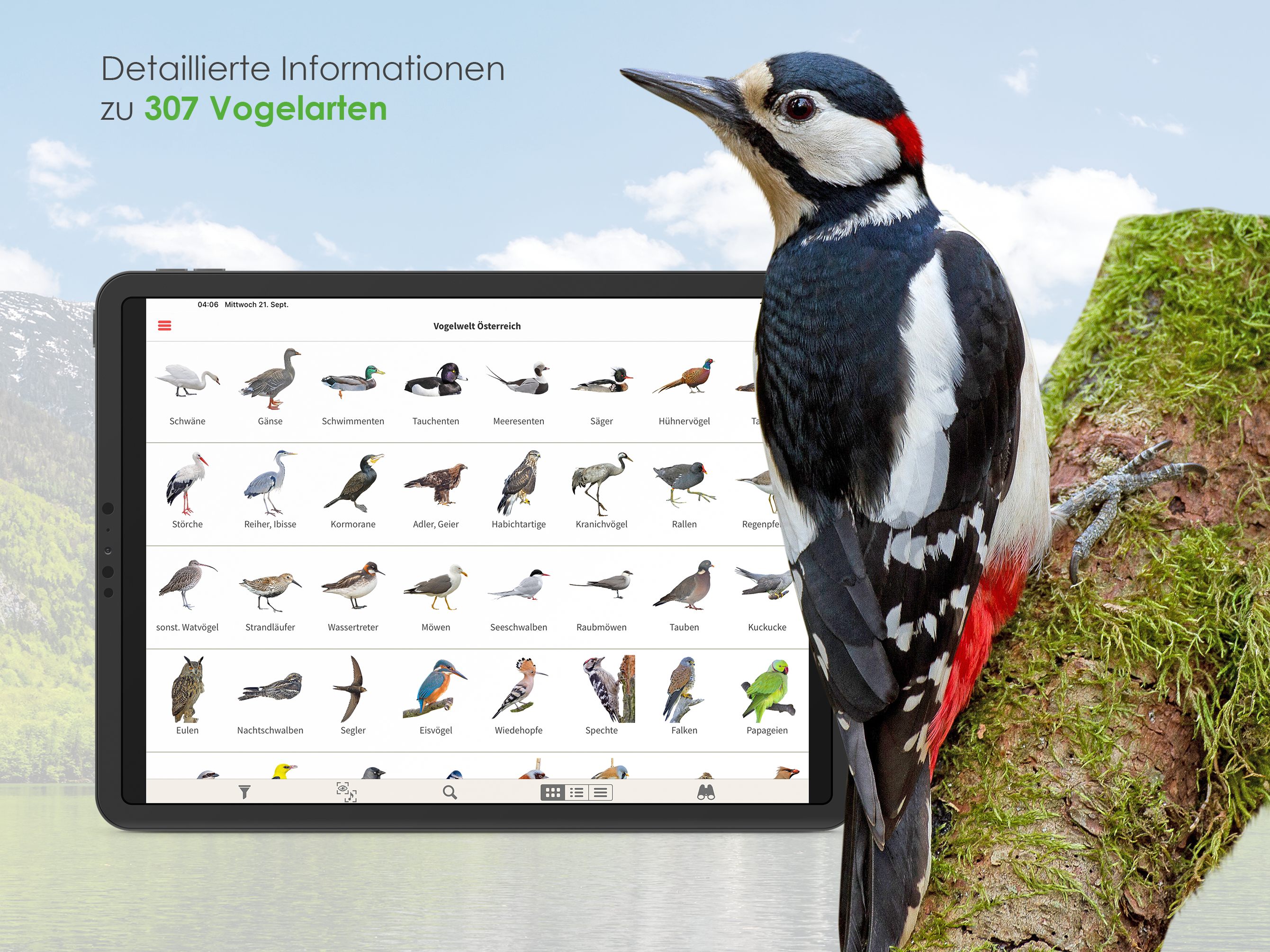 So sieht die App "Vögel in Österreich" auf dem iPad aus.