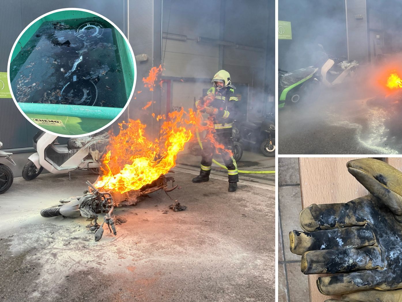 Die Feuerwehr Wr. Neustadt verhinderte das Übergreifen eines Brandes von einem E-Motorrad auf eine Lagerhalle. Die Feuerwehr Wr. Neustadt verhinderte das Übergreifen eines Brandes von einem E-Motorrad auf eine Lagerhalle.