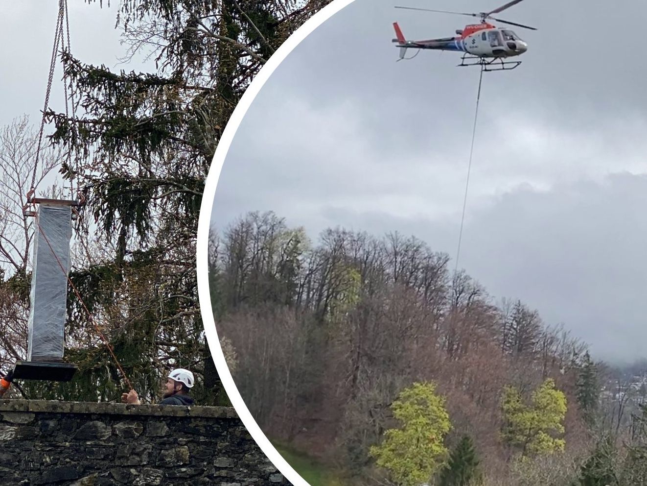 Eine neue Skulptur wurde per Hubschrauber in die Ruine gebracht.
