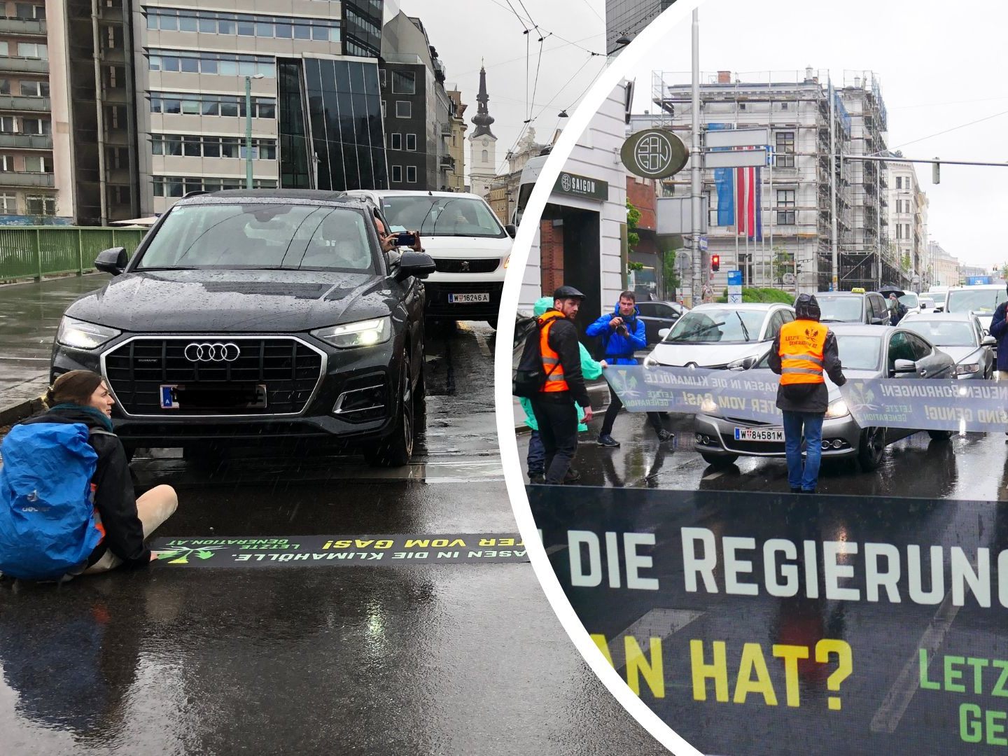 Bei strömendem Regen bklockierten Klimaaktivisten den Frühverkehr in Wien.