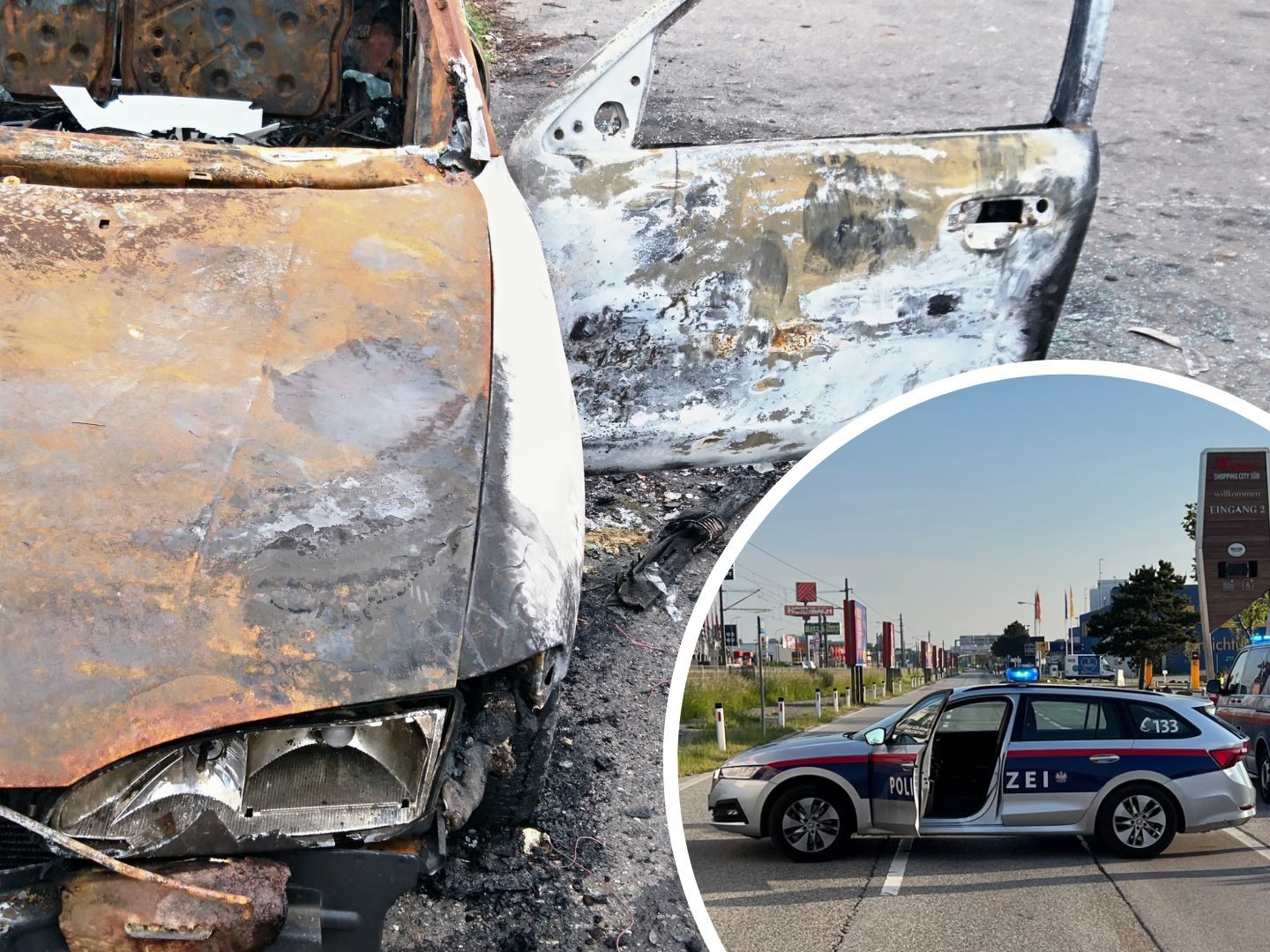 Nach dem Einbruch in der SCS in Vösendorf wurde ein zweites ausgebranntes Auto sichergestellt. Nach dem Einbruch in der SCS in Vösendorf wurde ein zweites ausgebranntes Auto sichergestellt.