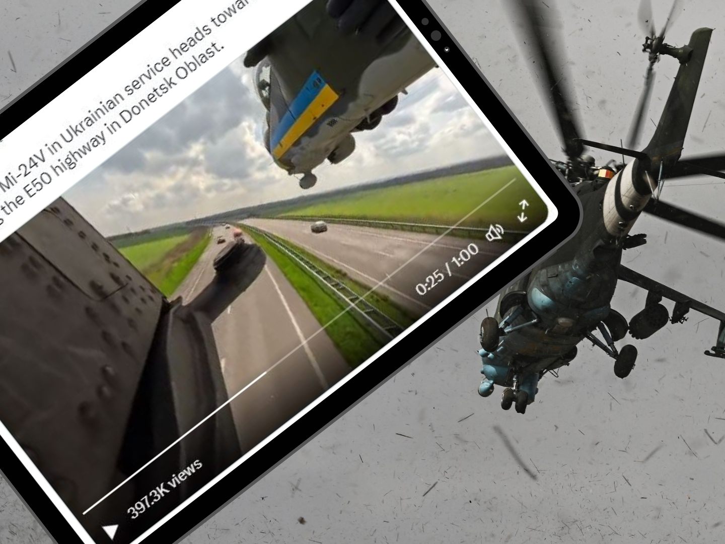 Spektakulär, aber scheinbar niht ungewöhnlich: Ukrainische Kampfhubschrauber im Tiefflug über einer Autobahn.