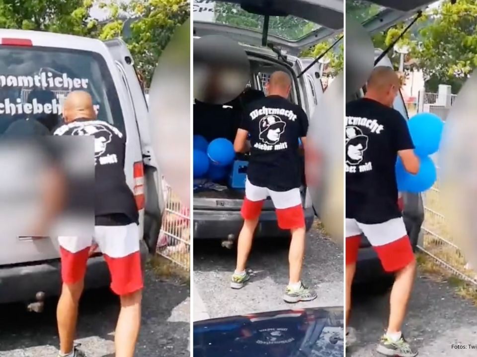 Rechtsextremer verteilt Luftballons bei einem Kindergarten.
