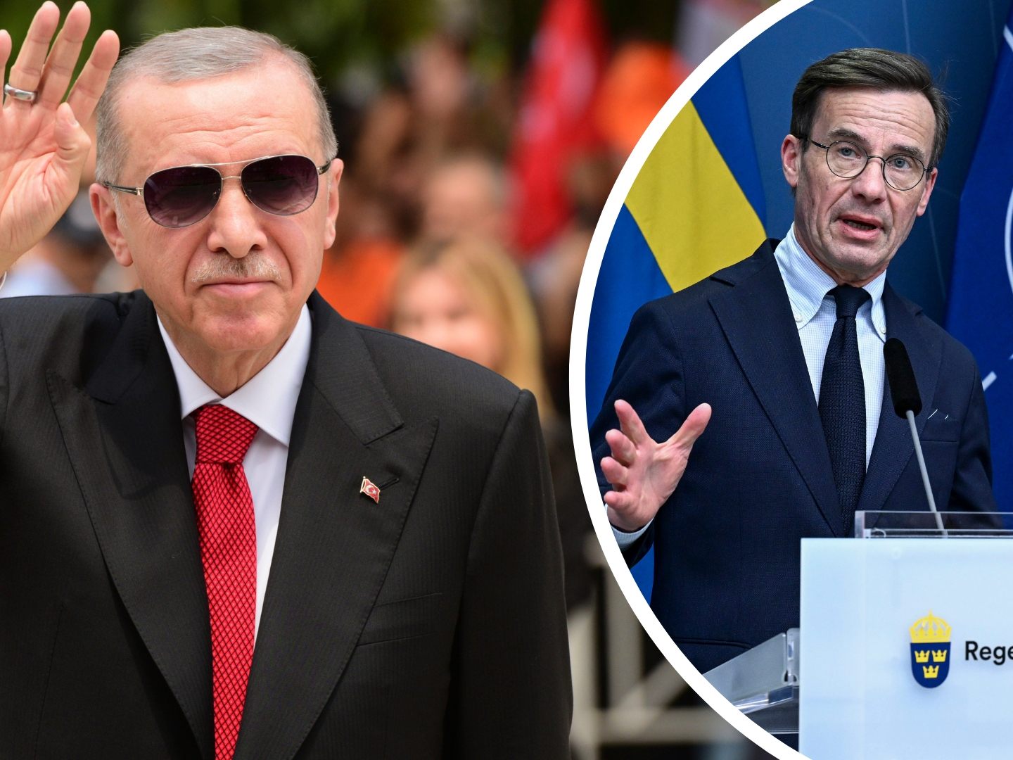 Erdogan (l.) wird den schwedischen Regierungschef Kristersson (r.) beim NATO-Gipfel in Litauen treffen. Erdogan (l.) wird den schwedischen Regierungschef Kristersson (r.) beim NATO-Gipfel in Litauen treffen.