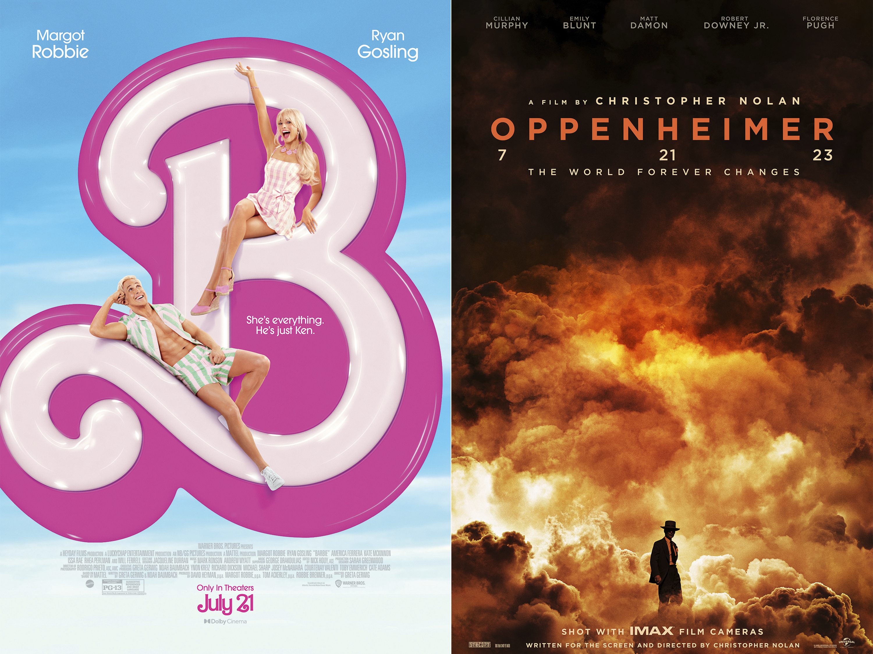 "Barbie" und "Oppenheimer" starten zeitgleich im Kino. "Barbie" und "Oppenheimer" starten zeitgleich im Kino.