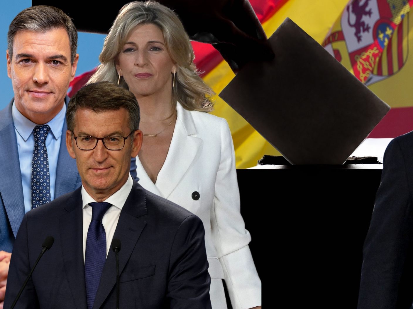Pedro Sánchez (PSOE), Yolanda Díaz (Sumar), Alberto Núñez Feijó (PP) und Santiago Abascal (Vox). Pedro Sánchez (PSOE), Yolanda Díaz (Sumar), Alberto Núñez Feijó (PP) und Santiago Abascal (Vox).