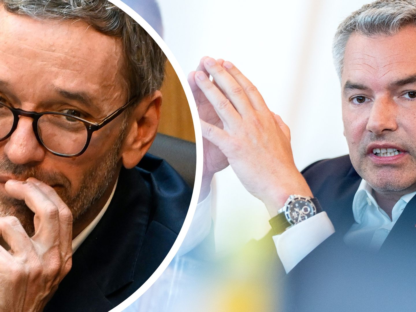 FPÖ-Chef Kickl (r.) sei ein "Sicherheitsrisiko" so Kanzler Nehammer (l.), und hat ein Lob für die Zusammenarbeit mit Grünen. FPÖ-Chef Kickl (r.) sei ein "Sicherheitsrisiko" so Kanzler Nehammer (l.), und hat ein Lob für die Zusammenarbeit mit Grünen.