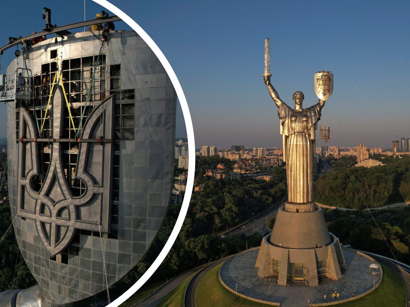 Die sowjetischen Symbole an der Mutter-Heimat-Statue in Kiew wurden durch den ukrainischen Dreizack ersetzt. Die sowjetischen Symbole an der Mutter-Heimat-Statue in Kiew wurden durch den ukrainischen Dreizack ersetzt.