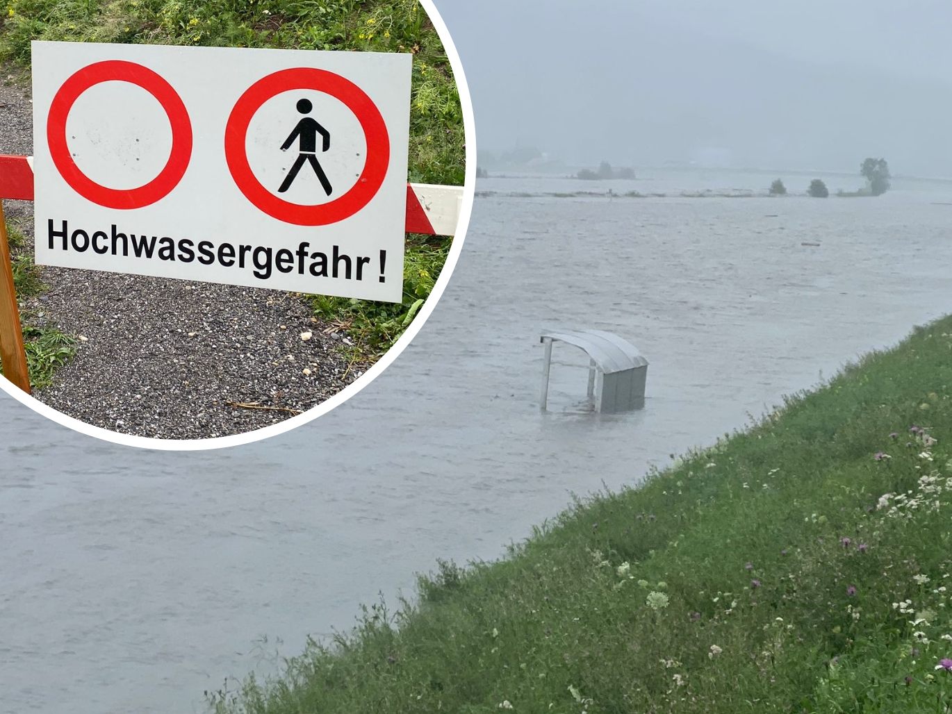 Die Hochwasser-Situation am Rhein am Montag gegen 13.30 Uhr in Lustenau. Die Hochwasser-Situation am Rhein am Montag gegen 13.30 Uhr in Lustenau.
