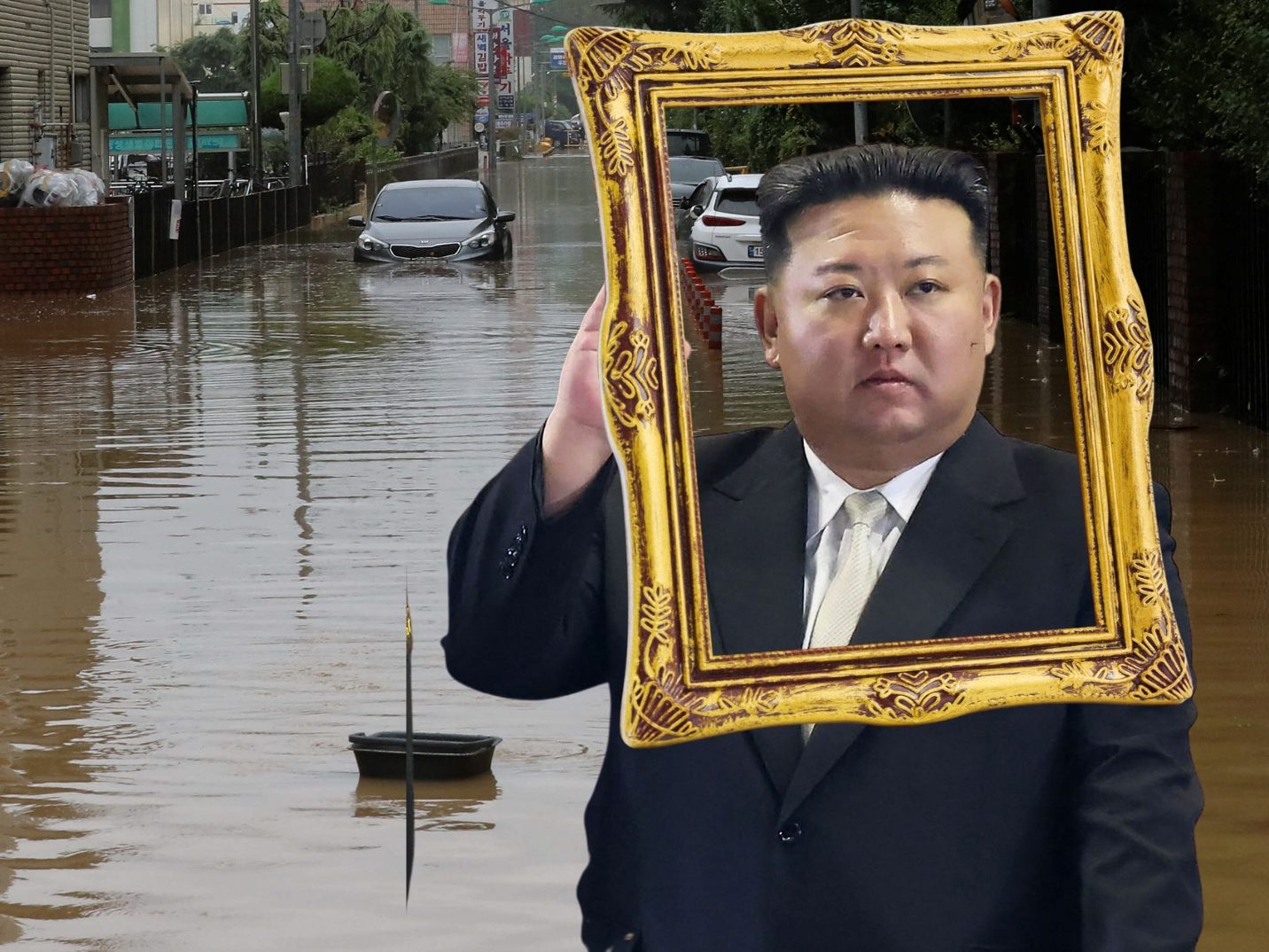 Kuriose Taifun-Priorität in Nordkorea. Kim Jong-un will zuerst seine Porträts in Sicherheit wissen.