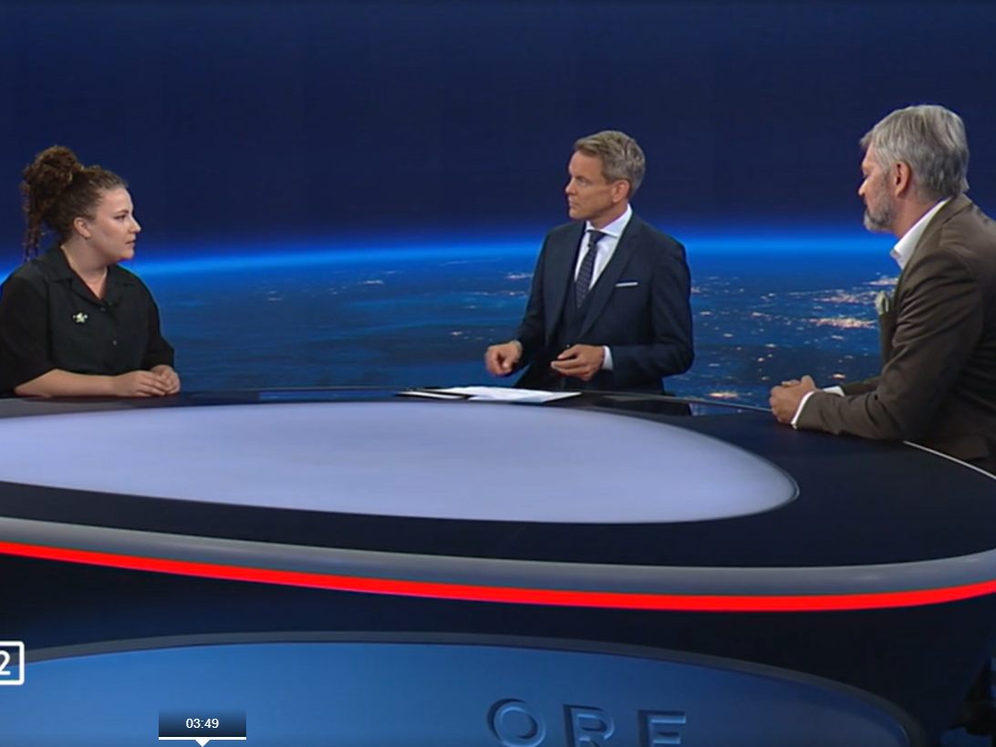 Anna Freund (Letzte Generation) und Bernhard Wiesinger (ÖAMTC) in der ZIB2.