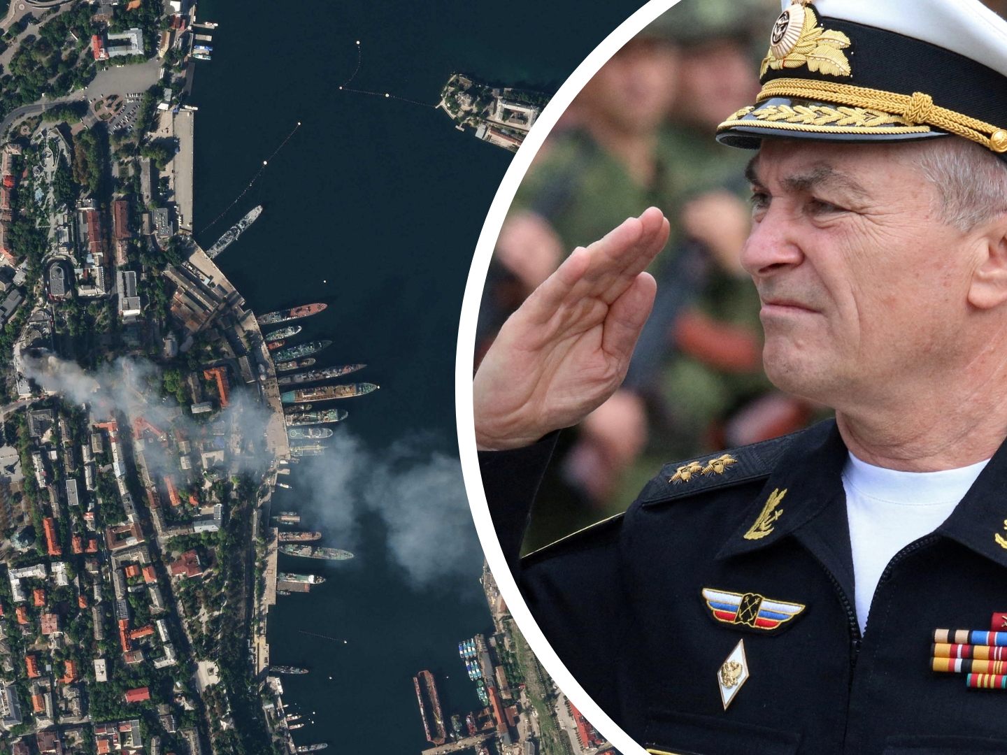 Vogelperspektive auf den beschossenen Hafen in Sewastopol (links) - Kommandant Viktor Sokolow (rechts) soll getötet worden sein. Vogelperspektive auf den beschossenen Hafen in Sewastopol (links) - Kommandant Viktor Sokolow (rechts) soll getötet worden sein.