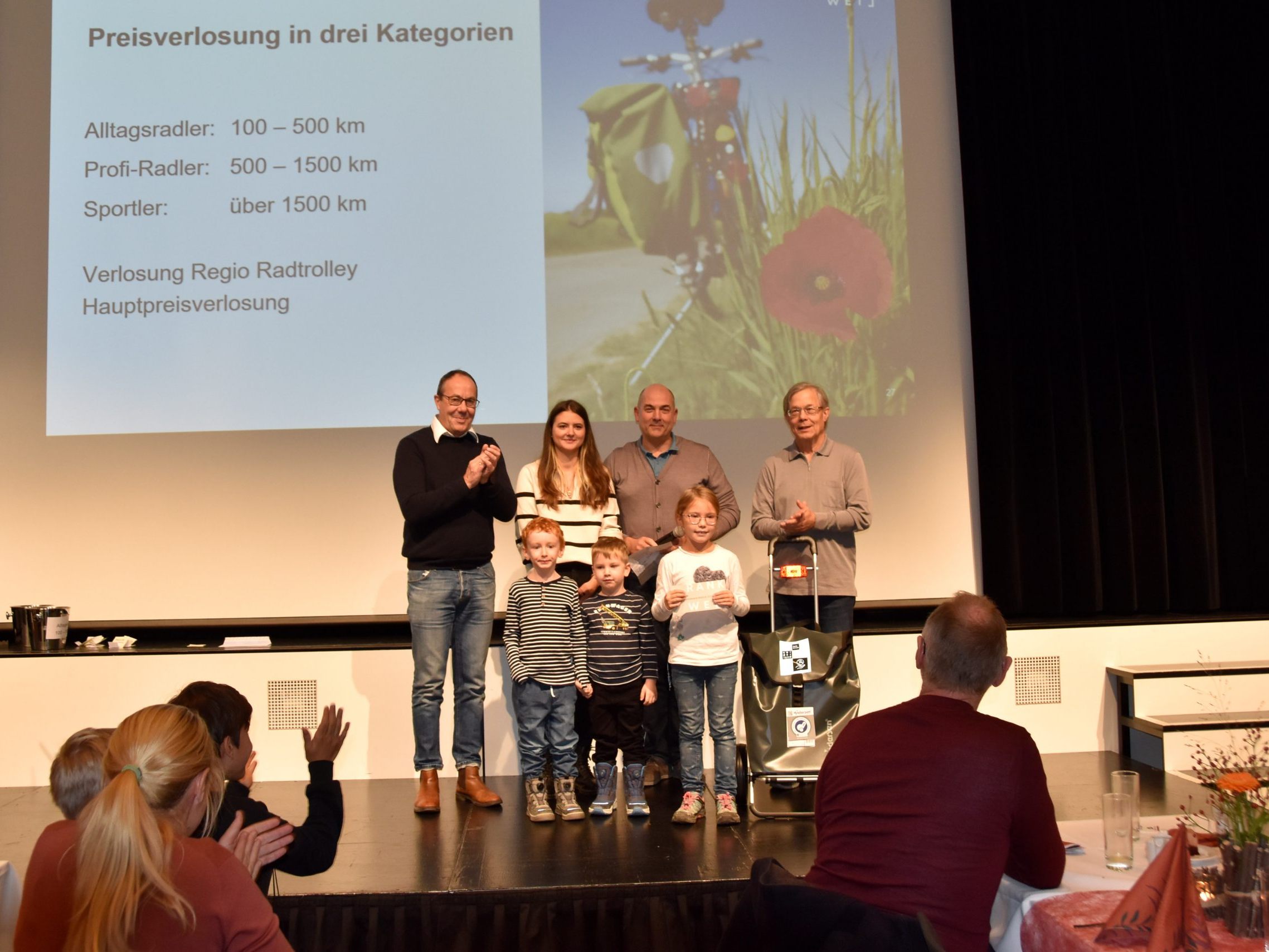 Vize-Bgm. Andreas Prenn, Katrin Ehrenbrandtner (Umweltbeauftragte der MG Rankweil) und Gemeinderat Alejandro Schwaszta mit den Gewinner*innen des Hauptpreises: Walter Silber (rechts außen) und Nora Vogl (zweite von rechts). Ebenso im Bild: die beiden „Glücksfeen“, die die Preise gezogen haben.