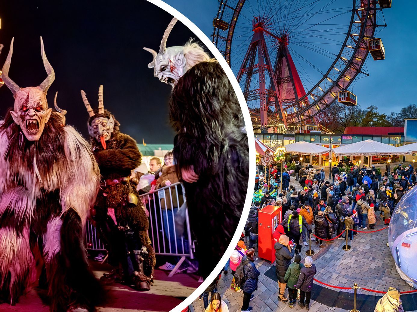 Der Wiener Wintermarkt beim Riesenradplatz lädt am 3. Dezmber 2023 zum Perchtenlauf ein.
