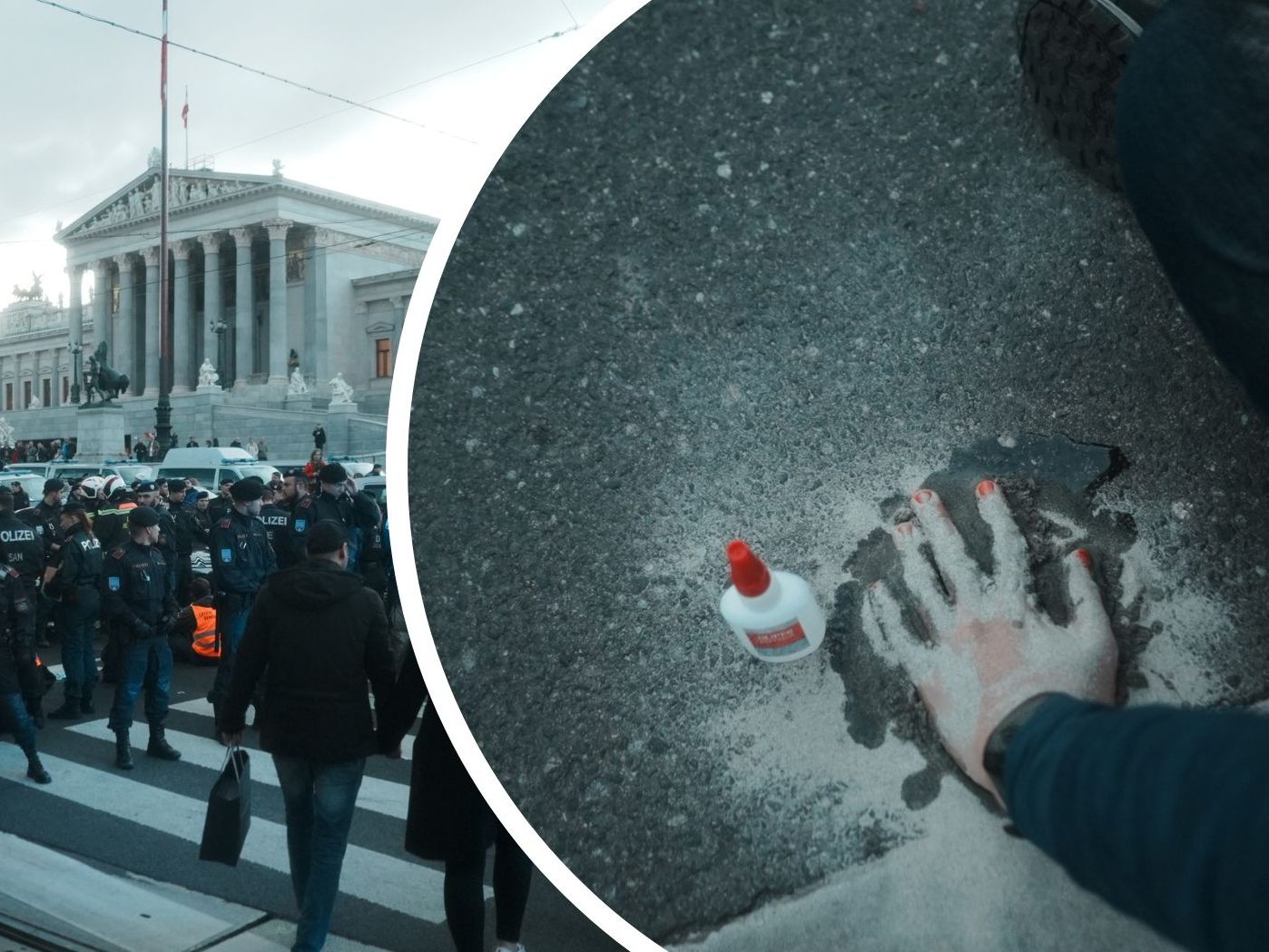 Klimaaktivisten betonierten sich vor dem Wiener Parlament fest.
