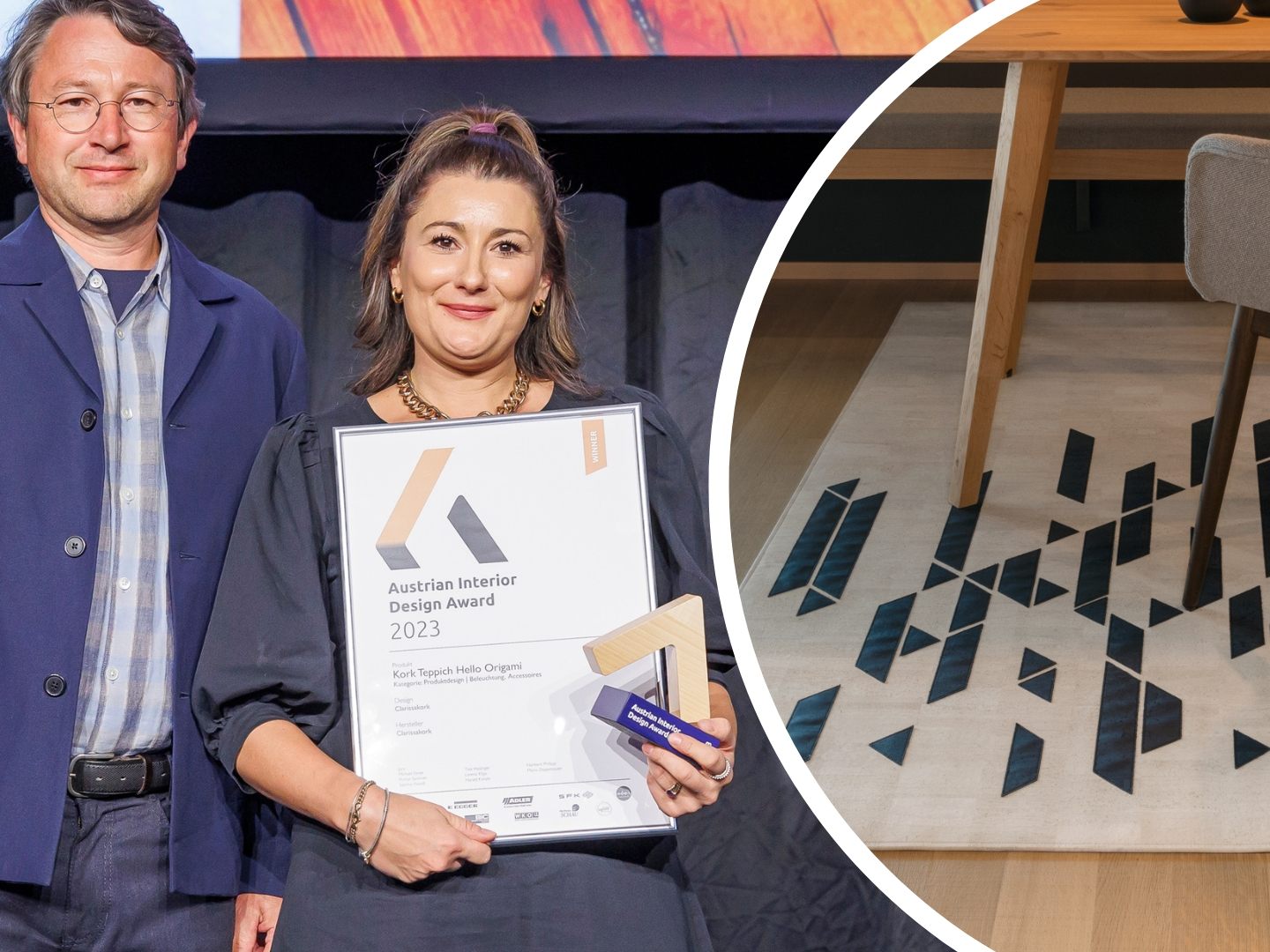 Preisverleihung_Austrian Interior Design Award: Jurymitglied Michael Ebner und Gewinnerin Clarissa Steurer von ClarissaKork und der preisgekrönte Teppich (kleines Bild).