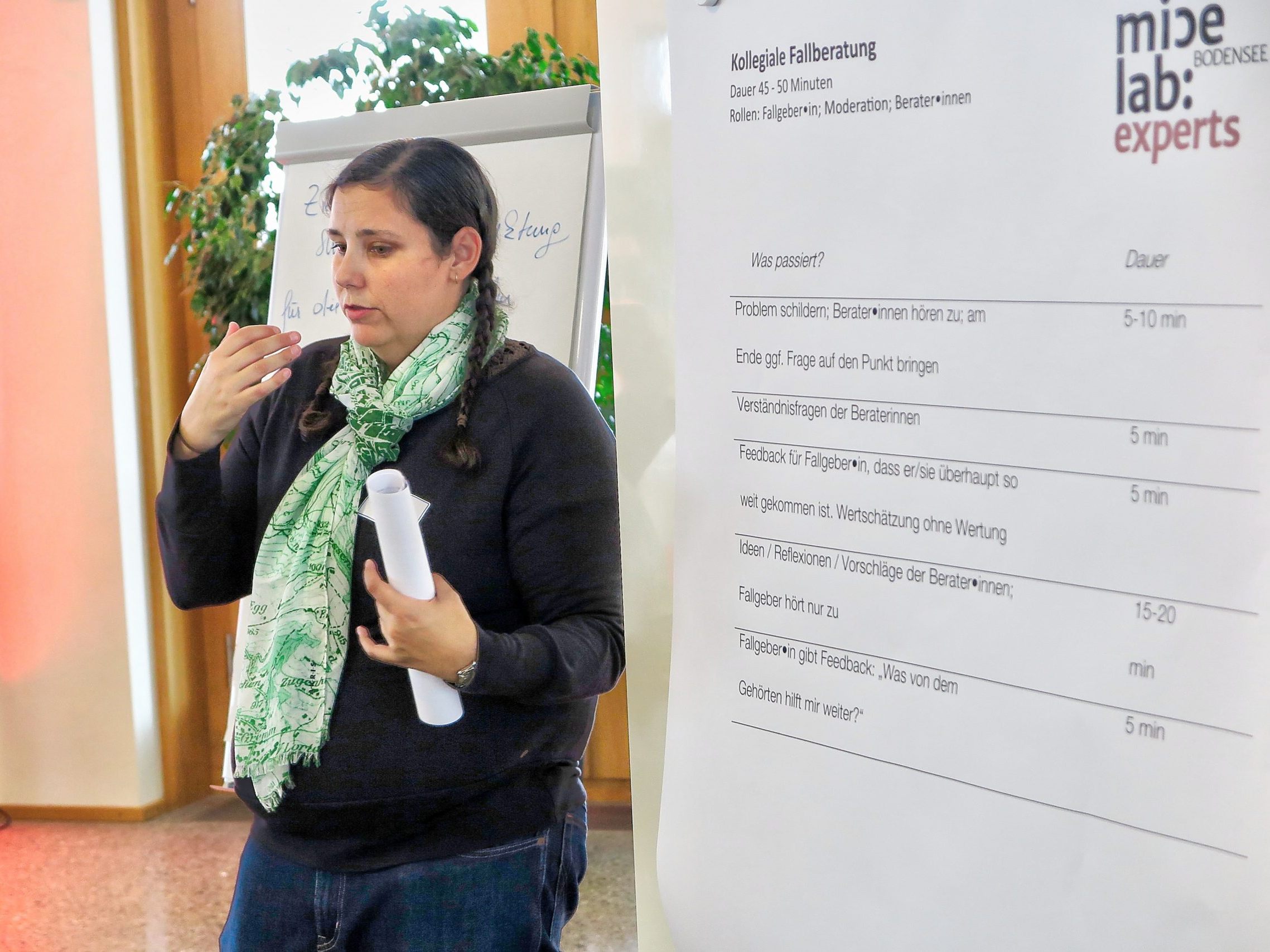 Mithilfe der kollegialen Fallberatung gingen die Teilnehmer:innen in Kleingruppen heiklen Fällen und persönlichen Herausforderungen nach. Mithilfe der kollegialen Fallberatung gingen die Teilnehmer:innen in Kleingruppen heiklen Fällen und persönlichen Herausforderungen nach.