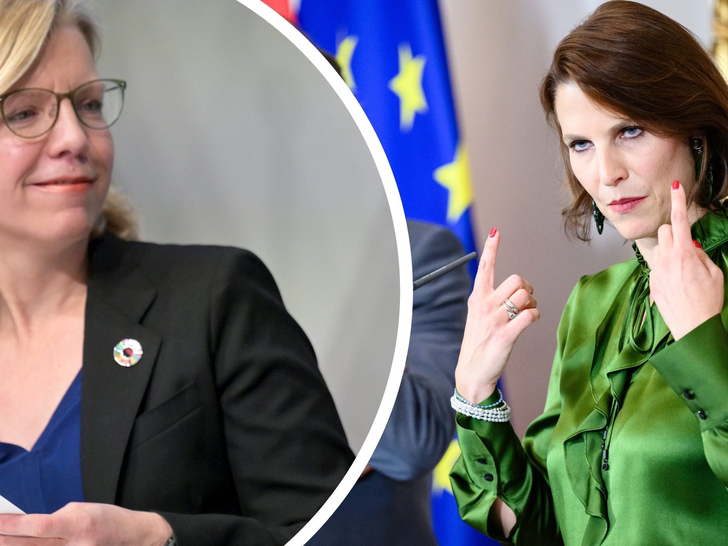 Die Ministerinnen Edtstadler (r.) und Gewessler (l.) lifern sich einen koalitionären Zank um den Energie- und Klimaplan. Die Ministerinnen Edtstadler (r.) und Gewessler (l.) lifern sich einen koalitionären Zank um den Energie- und Klimaplan.