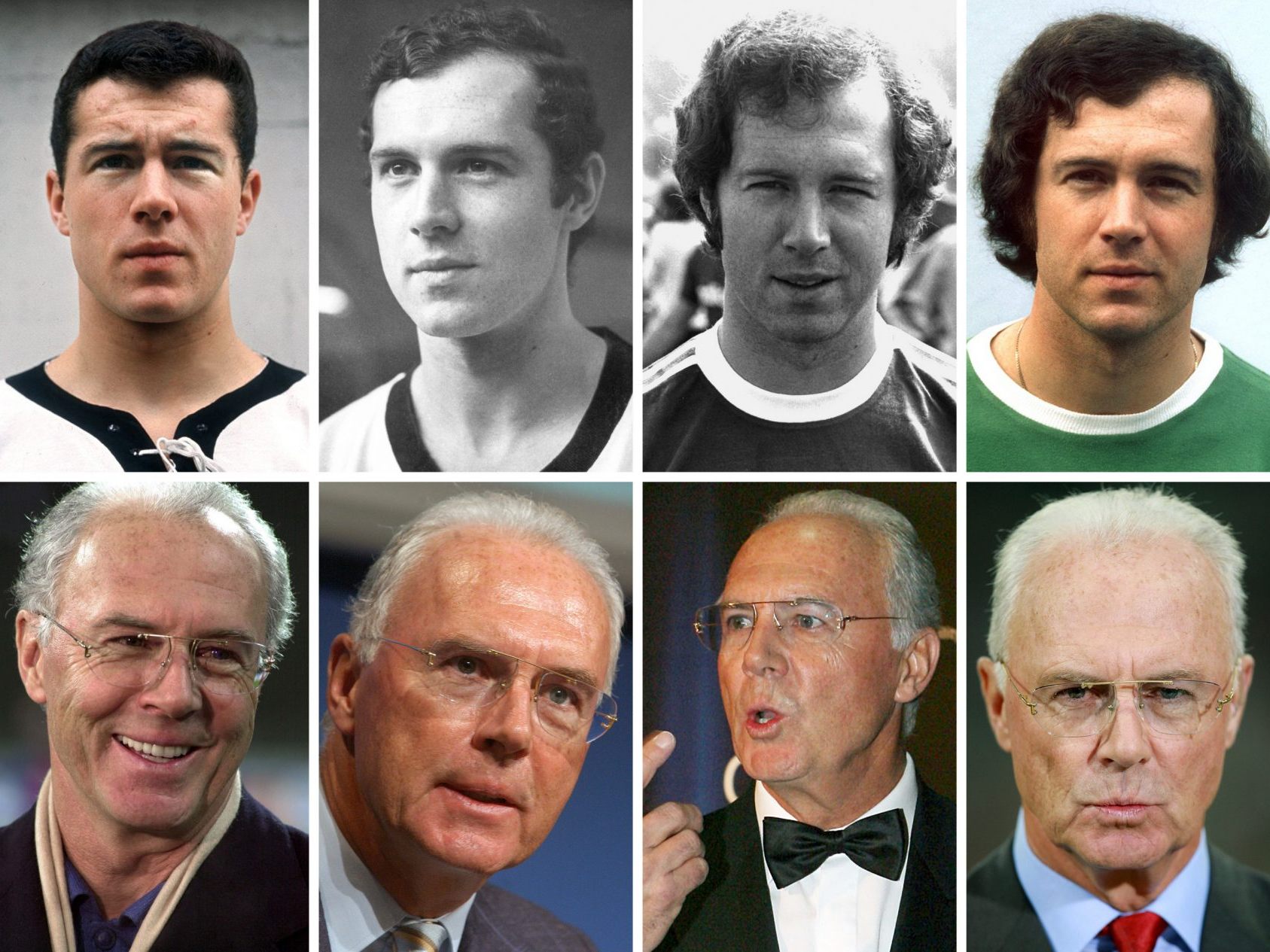 Franz Beckenbauer als Spieler (1,. Reihe l-r), Lizenzspieler beim FC Bayern München in der Saison 1968/69 (Aufnahme von 1969), im Nationaltrikot (undatiert), als Fußball-Nationalspieler (1970), als Spieler beim FC Bayern München (1974), als Fußball-Nationalspieler (1974) und als DFB-Teamchef (1990). (2. Reihe l-r) Franz Beckenbauer als Präsident des FC Bayern (1996 und 2000), als Präsident des Organisationskomitees der Fußball-WM (2006), bei der Bambi-Verleihung in Stuttgart (2006), als Bayern-Präsident (2008) und 2011 in Zürich. Franz Beckenbauer als Spieler (1,. Reihe l-r), Lizenzspieler beim FC Bayern München in der Saison 1968/69 (Aufnahme von 1969), im Nationaltrikot (undatiert), als Fußball-Nationalspieler (1970), als Spieler beim FC Bayern München (1974), als Fußball-Nationalspieler (1974) und als DFB-Teamchef (1990). (2. Reihe l-r) Franz Beckenbauer als Präsident des FC Bayern (1996 und 2000), als Präsident des Organisationskomitees der Fußball-WM (2006), bei der Bambi-Verleihung in Stuttgart (2006), als Bayern-Präsident (2008) und 2011 in Zürich.