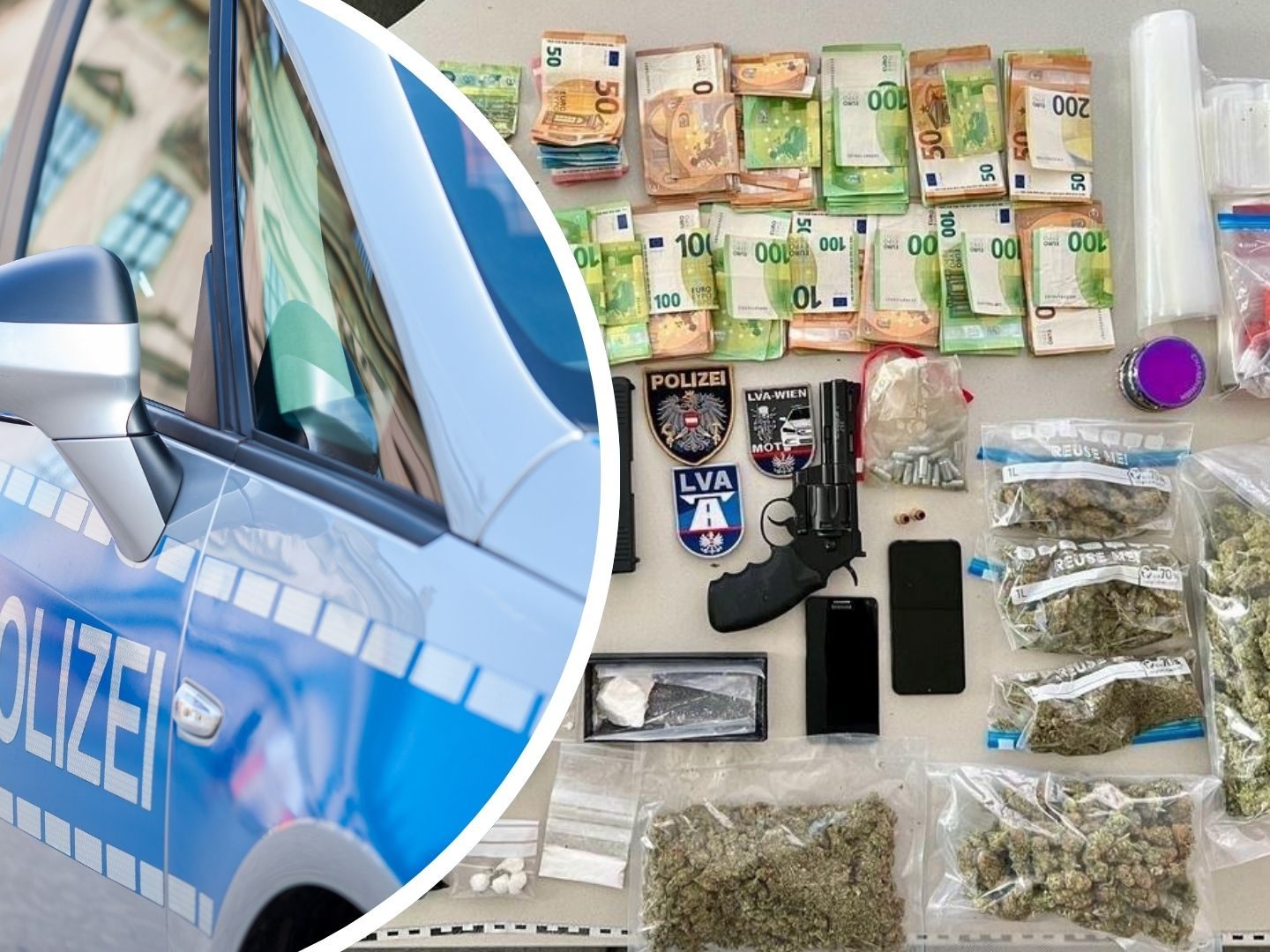 Per Zufall hat ein 29-Jähriger die Polizei bei einer Verkehrskontrolle am Samstagvormittag, 20. Jänner 2024 in Wien-Liesing zu einem Drogenversteck geführt. Der 29-Jährige, der am Beifahrersitz in einem Pkw saß, sprang nach Anhaltung aus dem Auto und flüchtete über mehrere Grundstücke in eine Gartenhütte. Es stellte sich heraus, dass ein 18-jähriger Hausbewohner in seinem Zimmer im Einfamilienhaus mehr als ein halbes Kilogramm Cannabis, weitere Mengen Ecstasy und Kokain sowie Gasdruckpistolen gelagert hatte. Ebenso fand die Polizei einen niedrigen fünfstelligen Bargeldbetrag, Mobiltelefone und eine mutmaßliche Falschgeldnote.