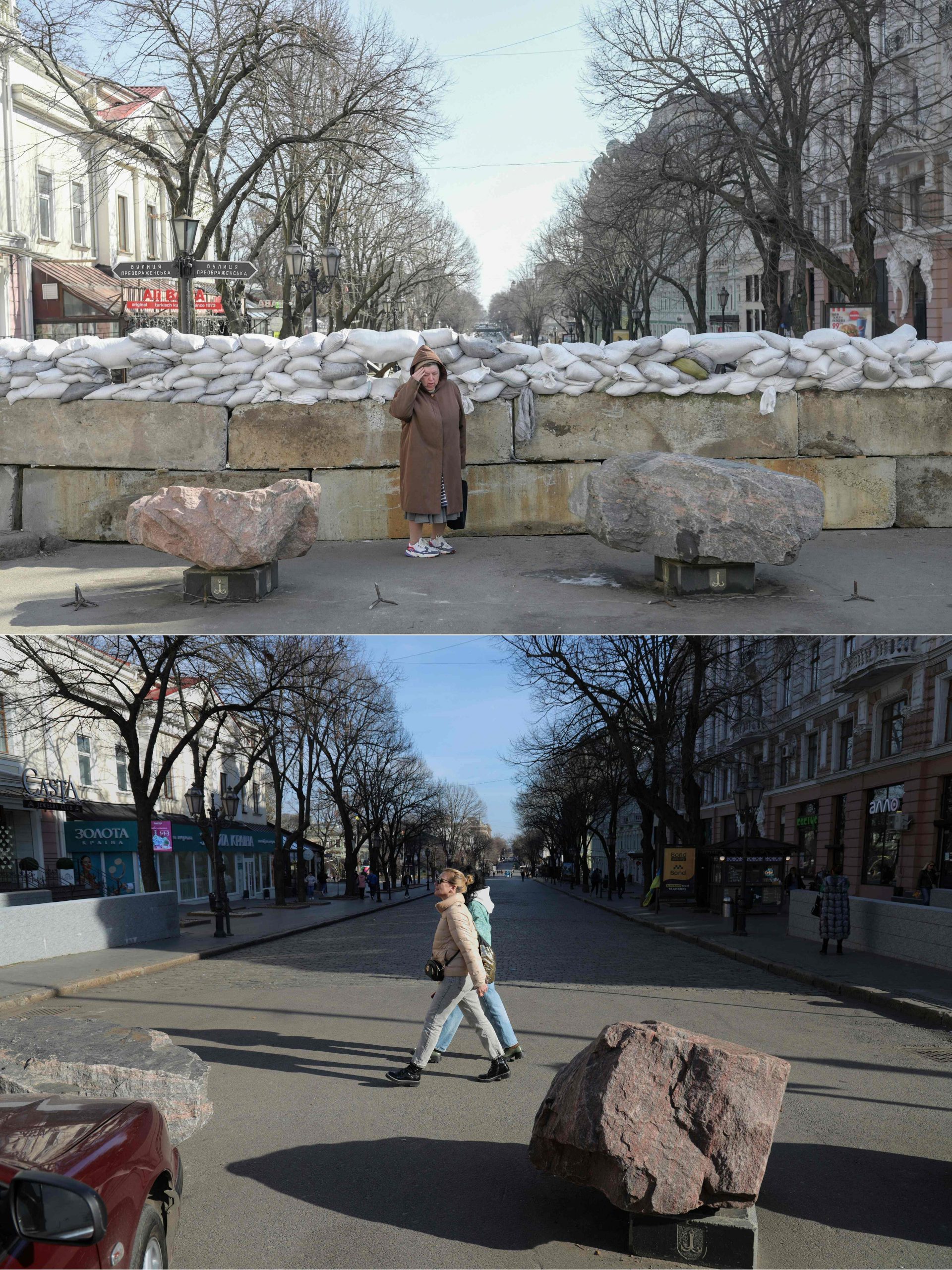 Diese Bildkombination vom 11. Februar 2024 zeigt einen Bewohner, der am 13. März 2022 neben einer Sandsackbarrikade in Odessa steht (oben) und Menschen, die am 9. Februar 2024, während der russischen Invasion in der Ukraine, dieselbe Straße in Odessa überqueren. Diese Bildkombination vom 11. Februar 2024 zeigt einen Bewohner, der am 13. März 2022 neben einer Sandsackbarrikade in Odessa steht (oben) und Menschen, die am 9. Februar 2024, während der russischen Invasion in der Ukraine, dieselbe Straße in Odessa überqueren.
