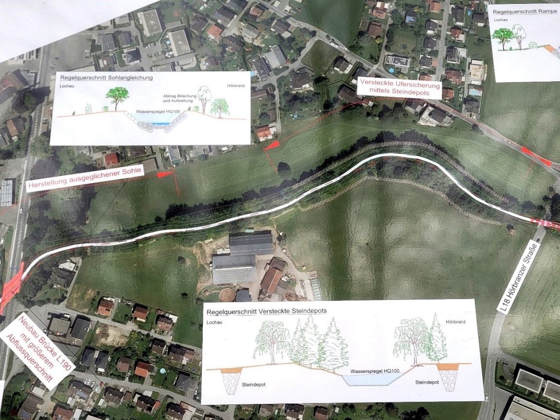 Umfangeiche Baumaßnahmen im Rahmen des Hochwasserschutzprojektes Ruggbach im Leiblachtal laufen derzeit zwischen der Brücke L18 Hörbranzer Straße bis hinunter zur L190 Vorarlberger Straße.