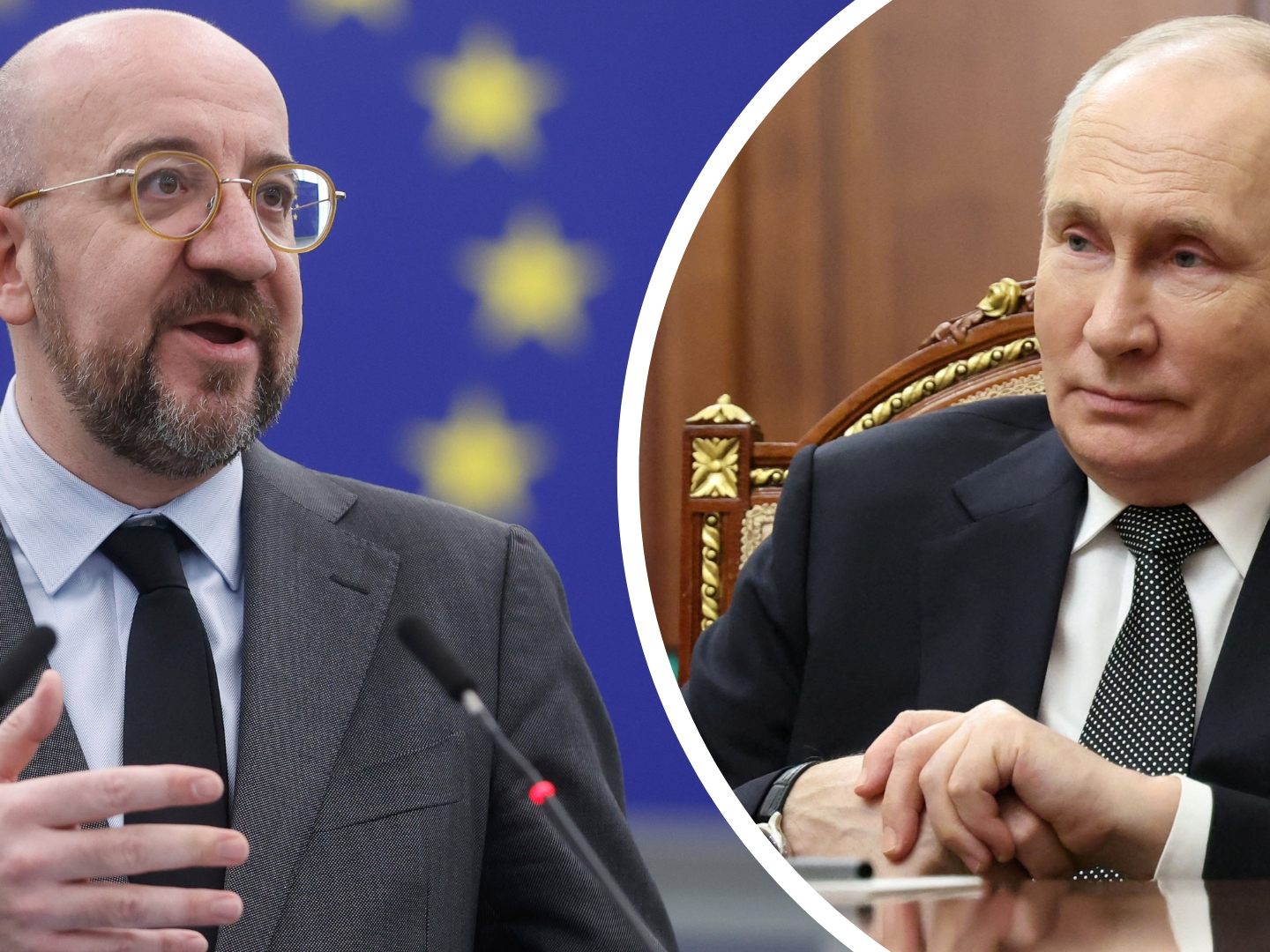 Die von der EU-Ratspräsidentschaft (Ratspräsident Charles Michel, l.) vorgestellten Strafmaßnahmen gegen Russland ( Russlands präsident Wladimir Putin, r.) werden bis zum Jahrestag des Kriegsbeginns verhängt. Die von der EU-Ratspräsidentschaft (Ratspräsident Charles Michel, l.) vorgestellten Strafmaßnahmen gegen Russland ( Russlands präsident Wladimir Putin, r.) werden bis zum Jahrestag des Kriegsbeginns verhängt.