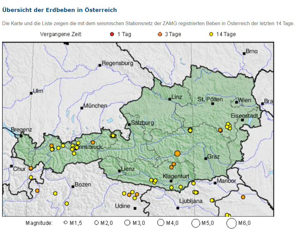 Übersicht der Erdbeben in Österreich