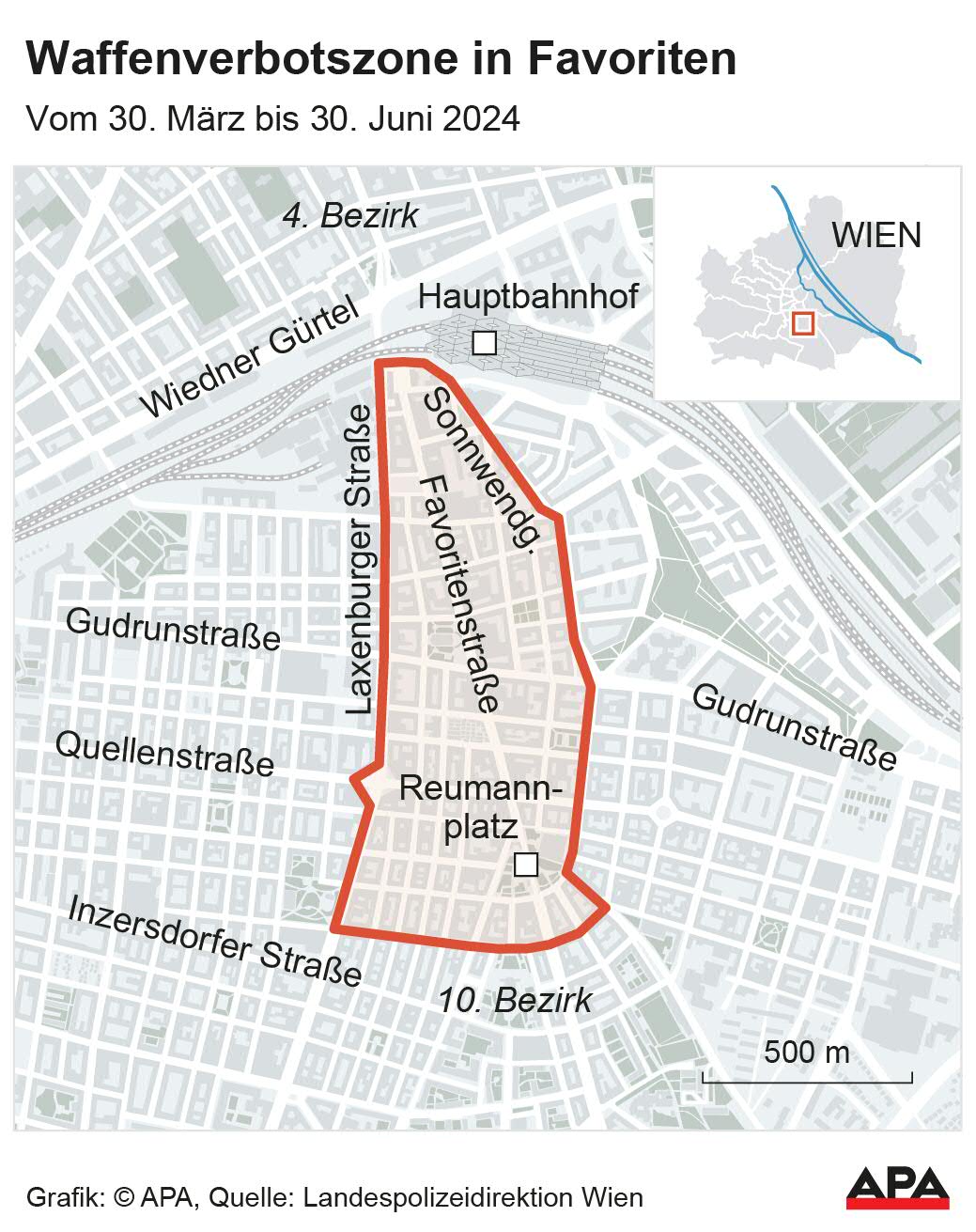 Vom 30. Mrz bis 30. Juni 2024, Karte Wien, 10. Bezirk; Quelle: Landespolizeidirektion Wien; Die Auslieferung der APA-Grafiken als Embed-Code ist ausschlie§lich Kunden mit einer gltigen Vereinbarung fr Grafik-Pauschalierung vorbehalten. Dabei inkludiert sind automatisierte Schrift- und Farbanpassungen an die jeweilige CI. Fr weitere Informationen wenden Sie sich bitte an unser Grafik-Team unter grafik@apa.at. GRAFIK 0422-24, […]